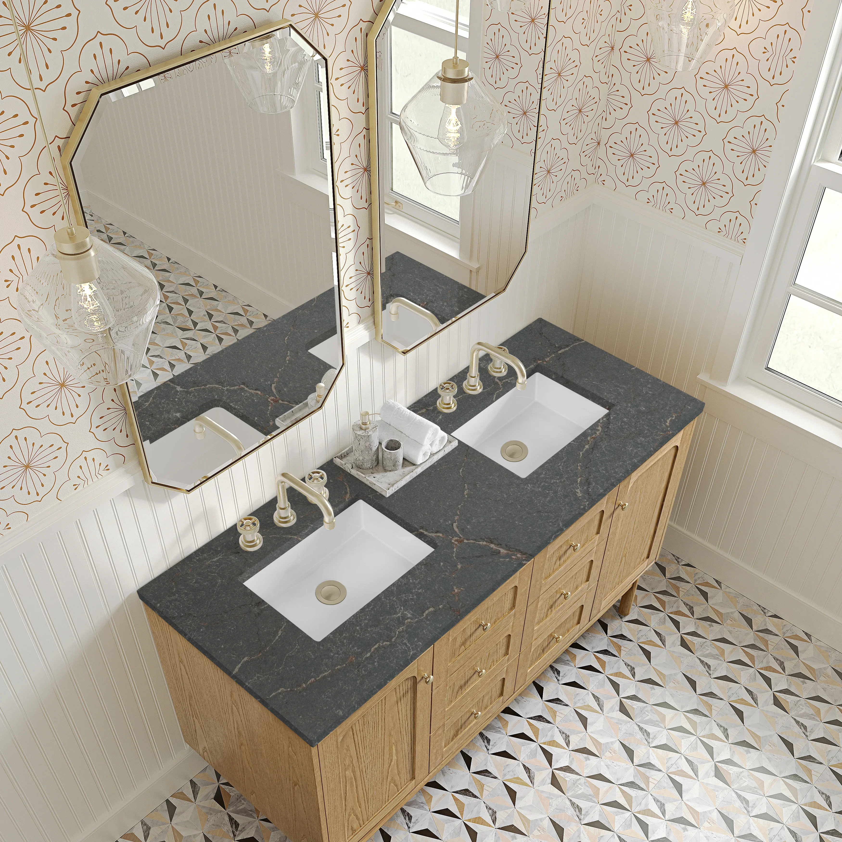 Laurent 60" Double Vanity, Light Natural Oak, w/ 3 CM Parisien Bleu Quartz Top