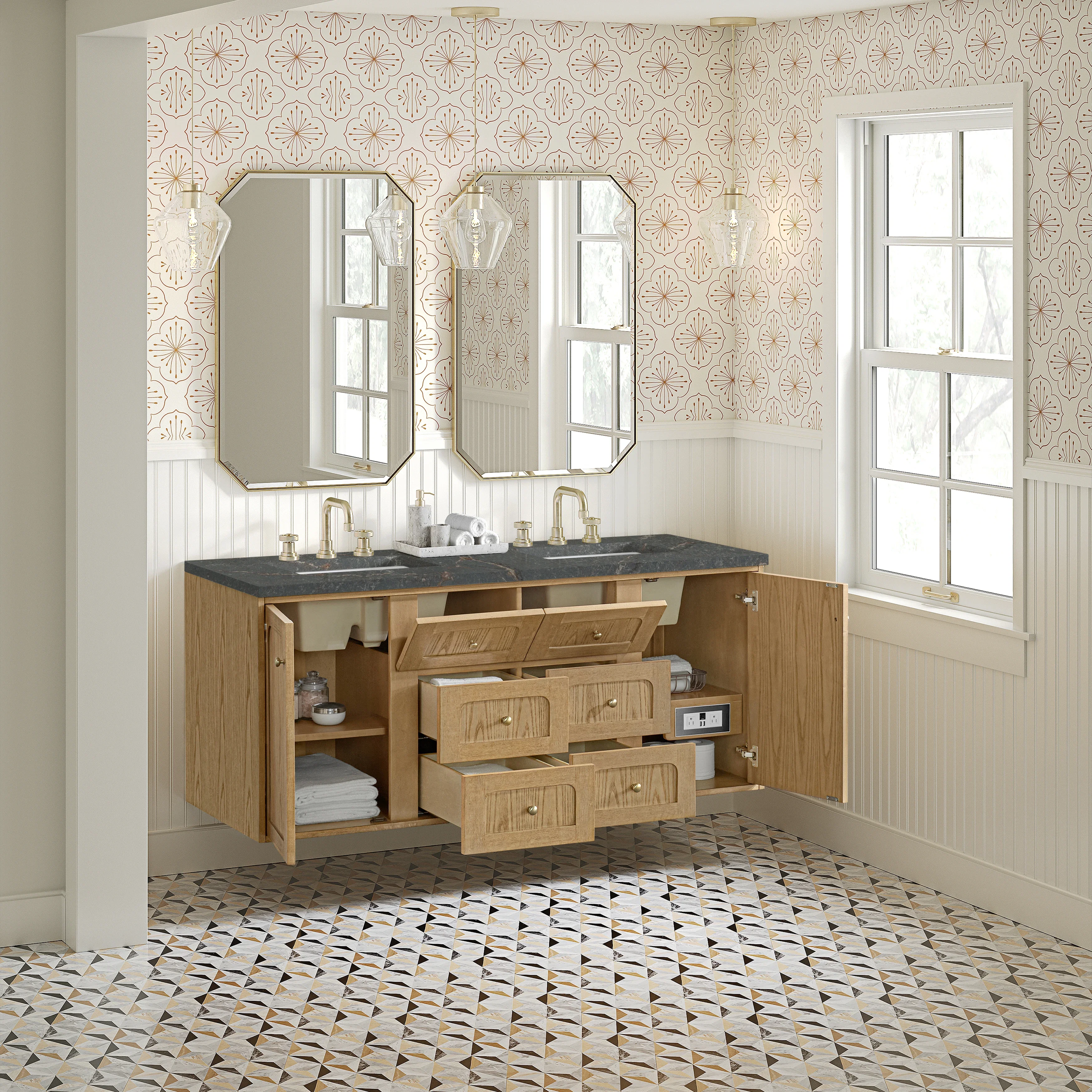 Laurent 60" Double Vanity, Light Natural Oak, w/ 3 CM Parisien Bleu Quartz Top