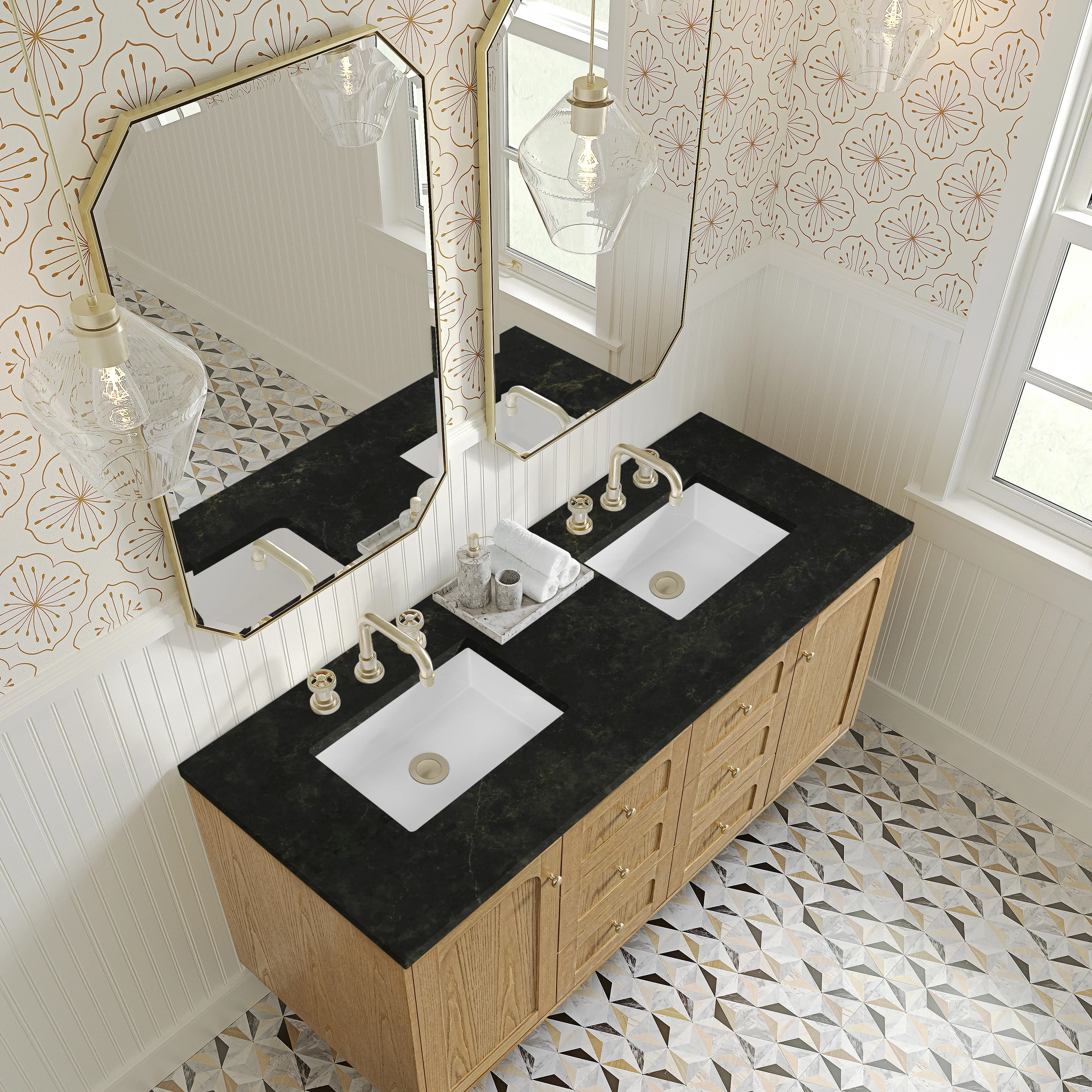 Laurent 60" Double Vanity, Light Natural Oak, w/ 3 CM Phantome Eclos Top