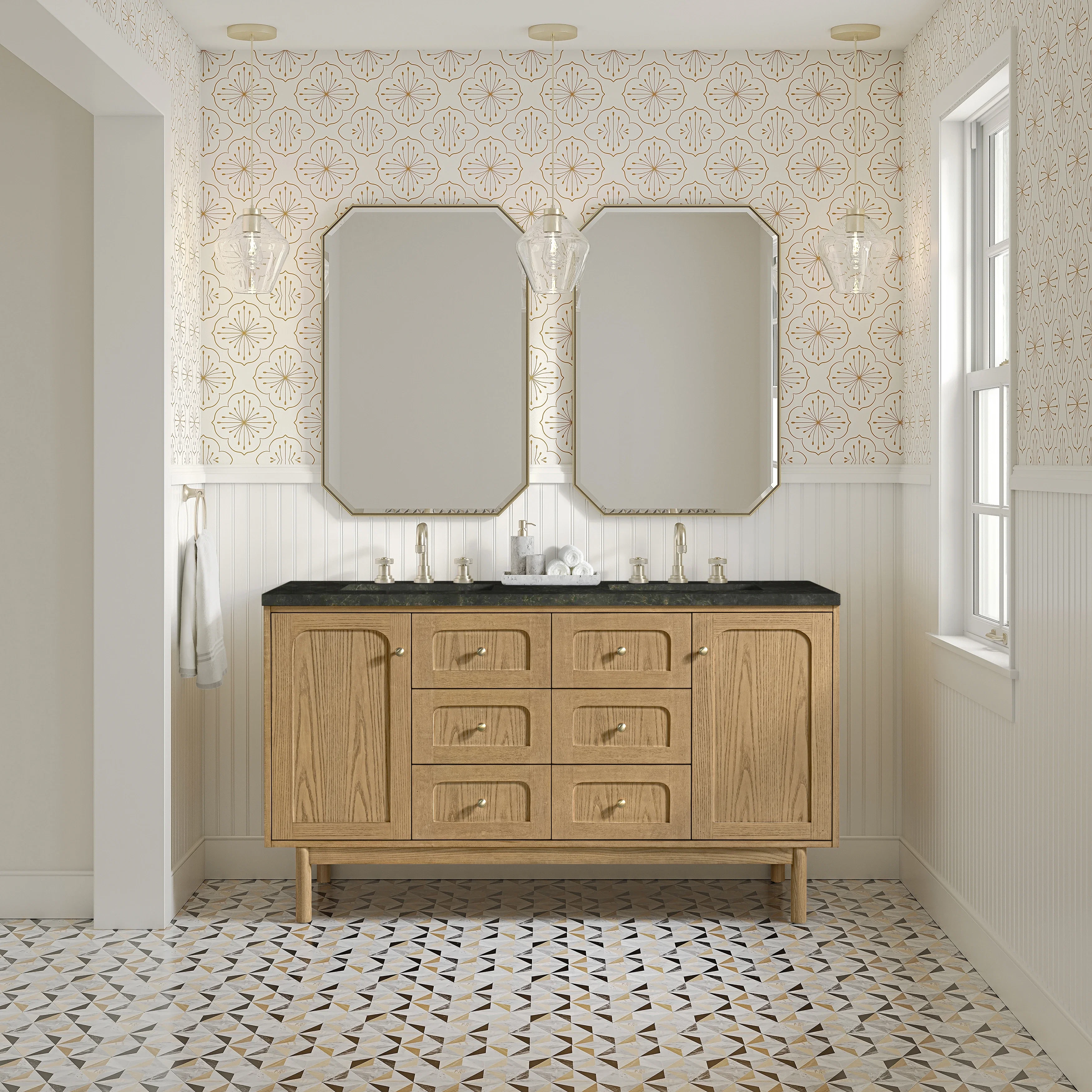 Laurent 60" Double Vanity, Light Natural Oak, w/ 3 CM Phantome Eclos Top
