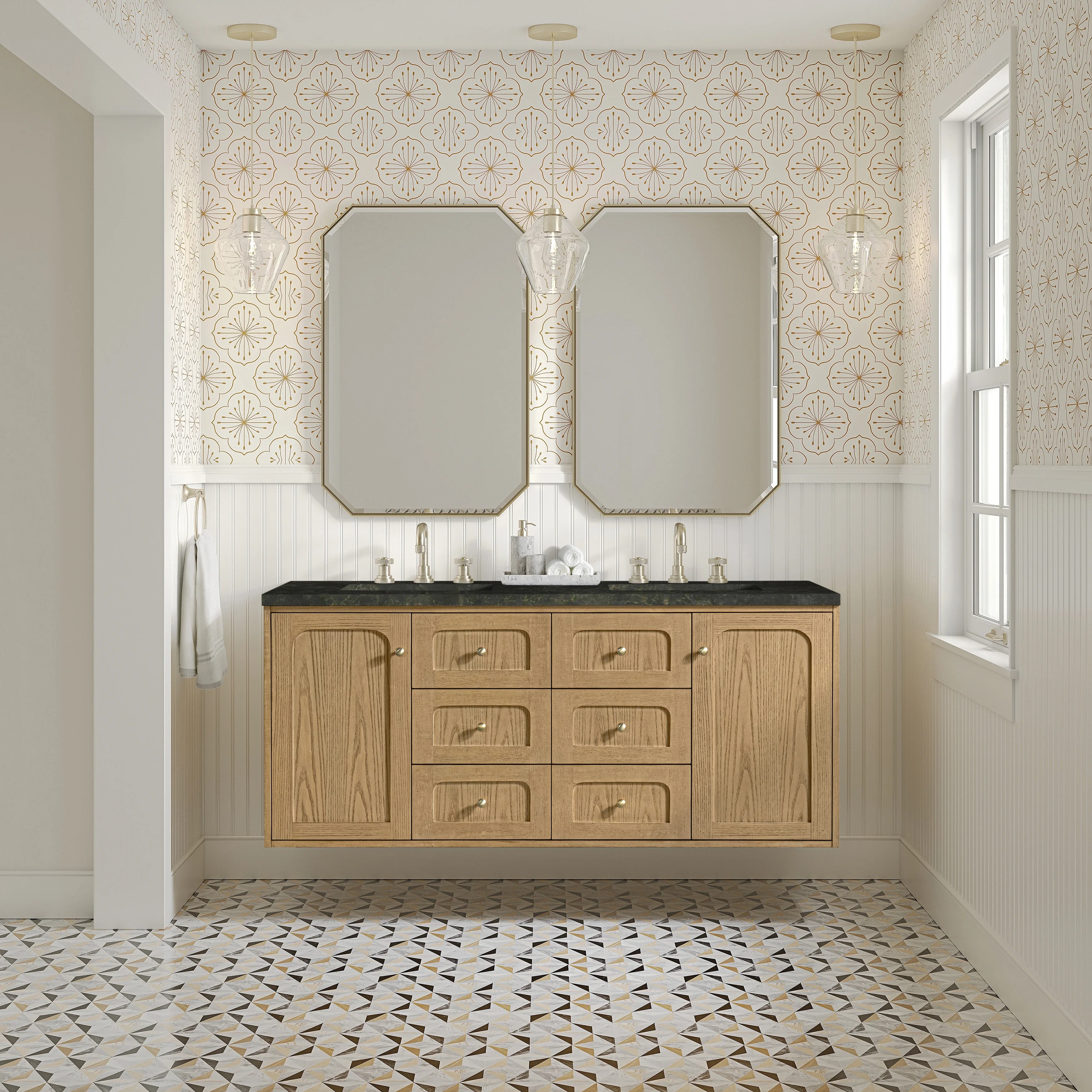 Laurent 60" Double Vanity, Light Natural Oak, w/ 3 CM Phantome Eclos Top