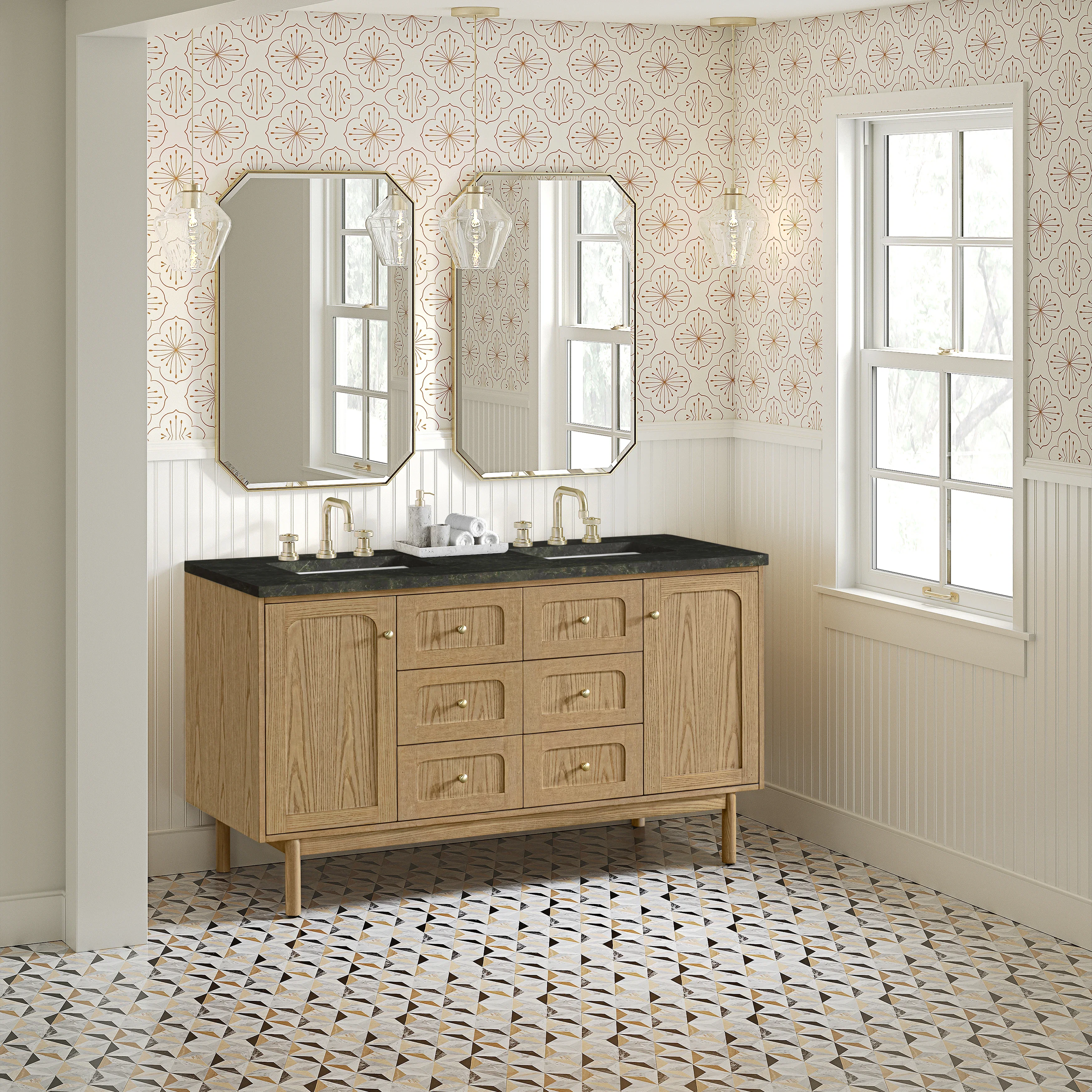 Laurent 60" Double Vanity, Light Natural Oak, w/ 3 CM Phantome Eclos Top