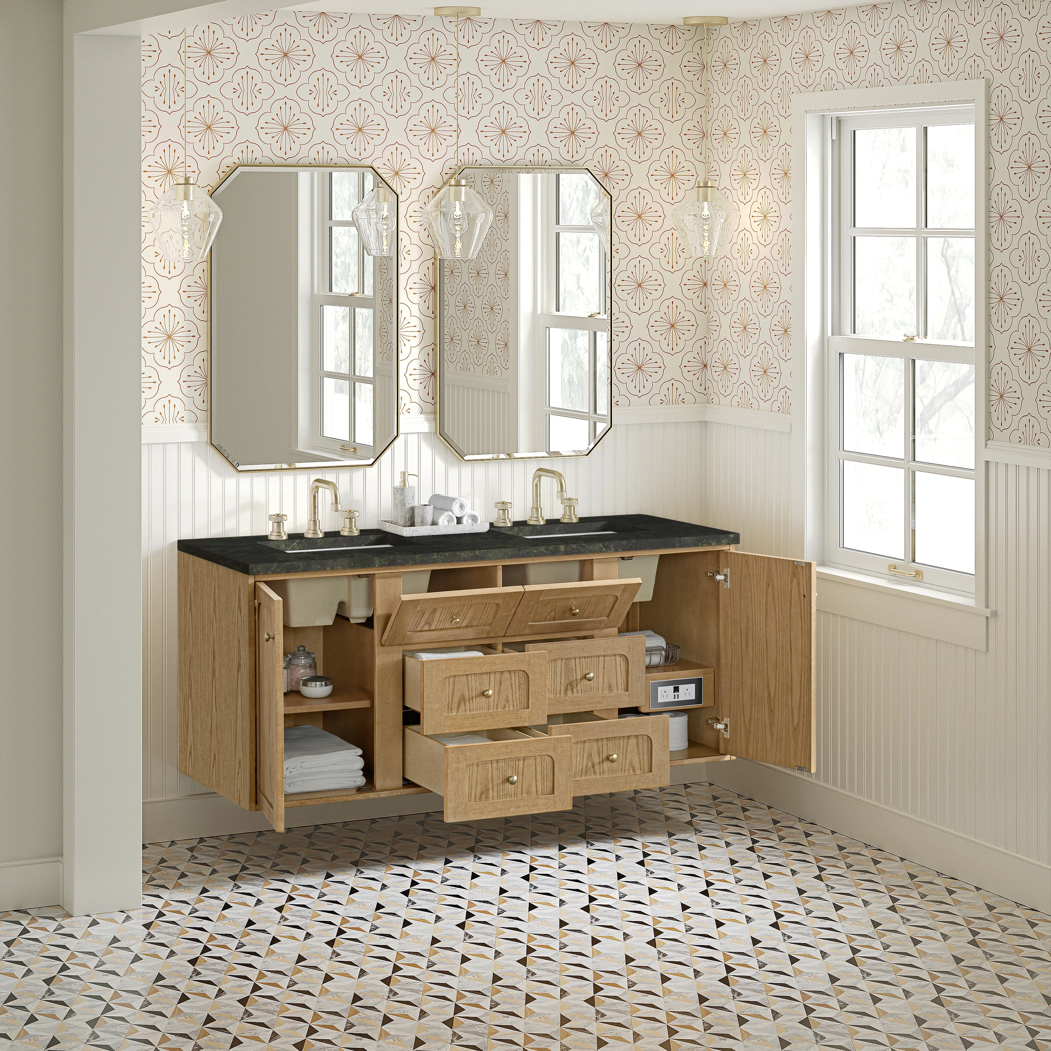 Laurent 60" Double Vanity, Light Natural Oak, w/ 3 CM Phantome Eclos Top