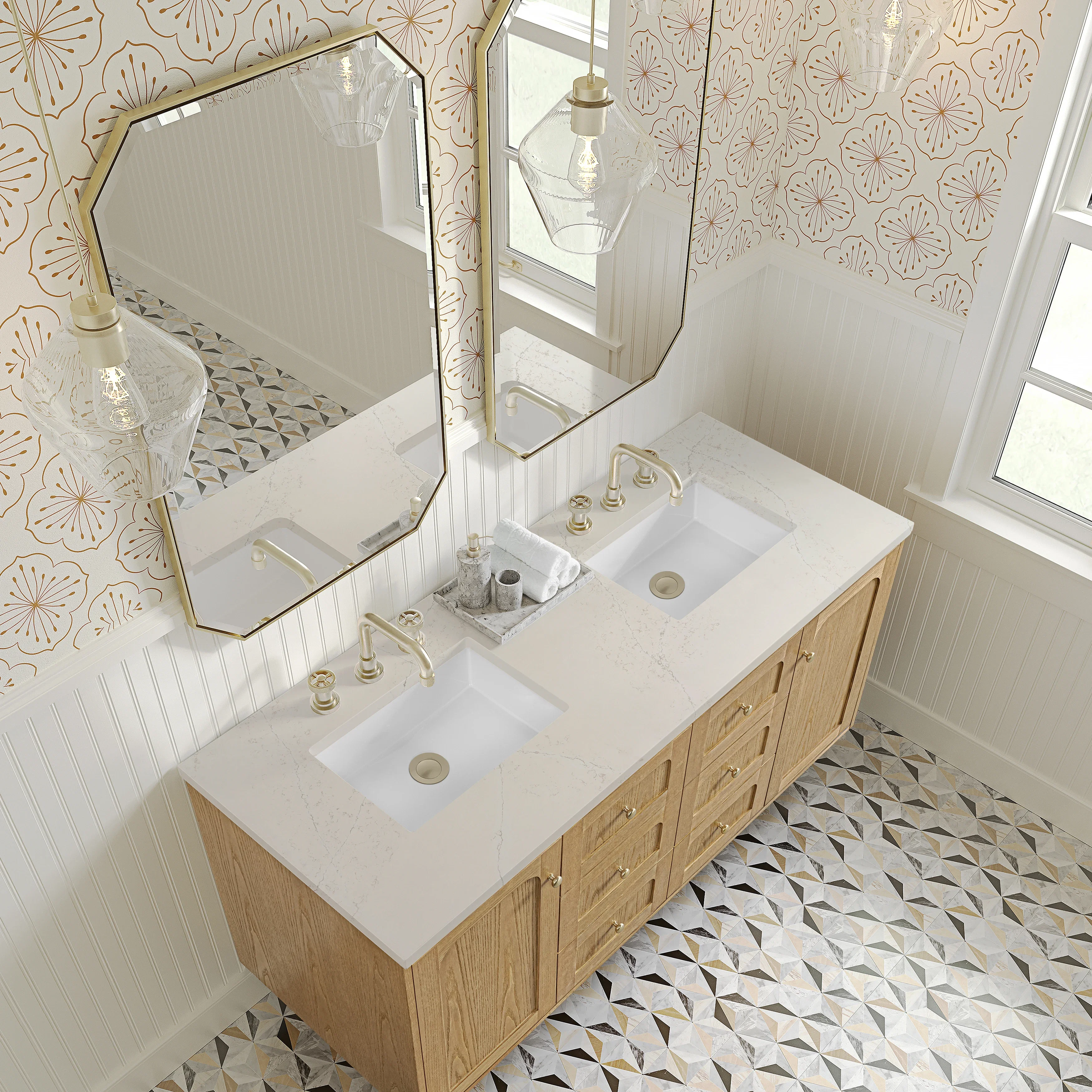 Laurent 60" Double Vanity, Light Natural Oak, w/ 3 CM Siberian Silestone Top