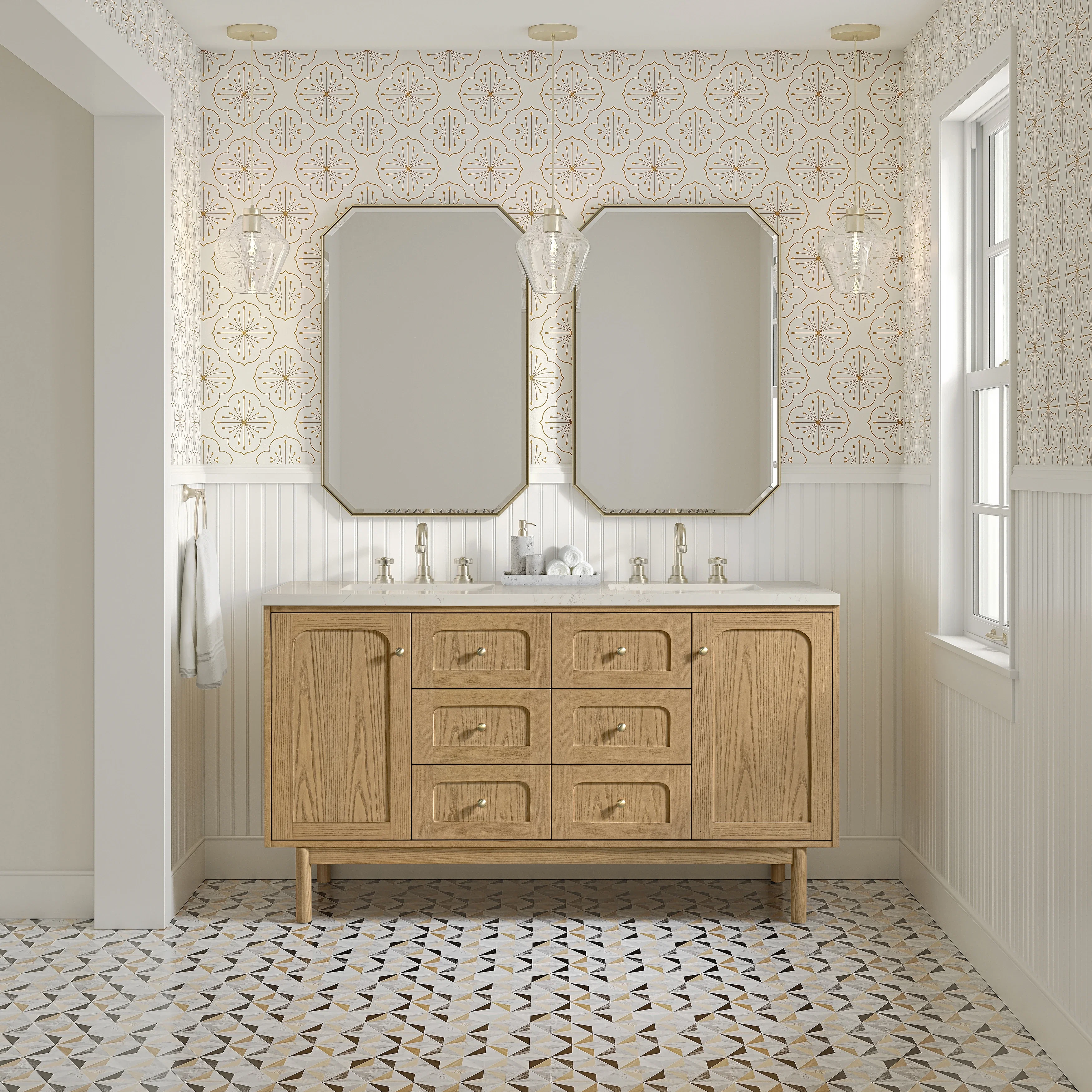 Laurent 60" Double Vanity, Light Natural Oak, w/ 3 CM Siberian Silestone Top