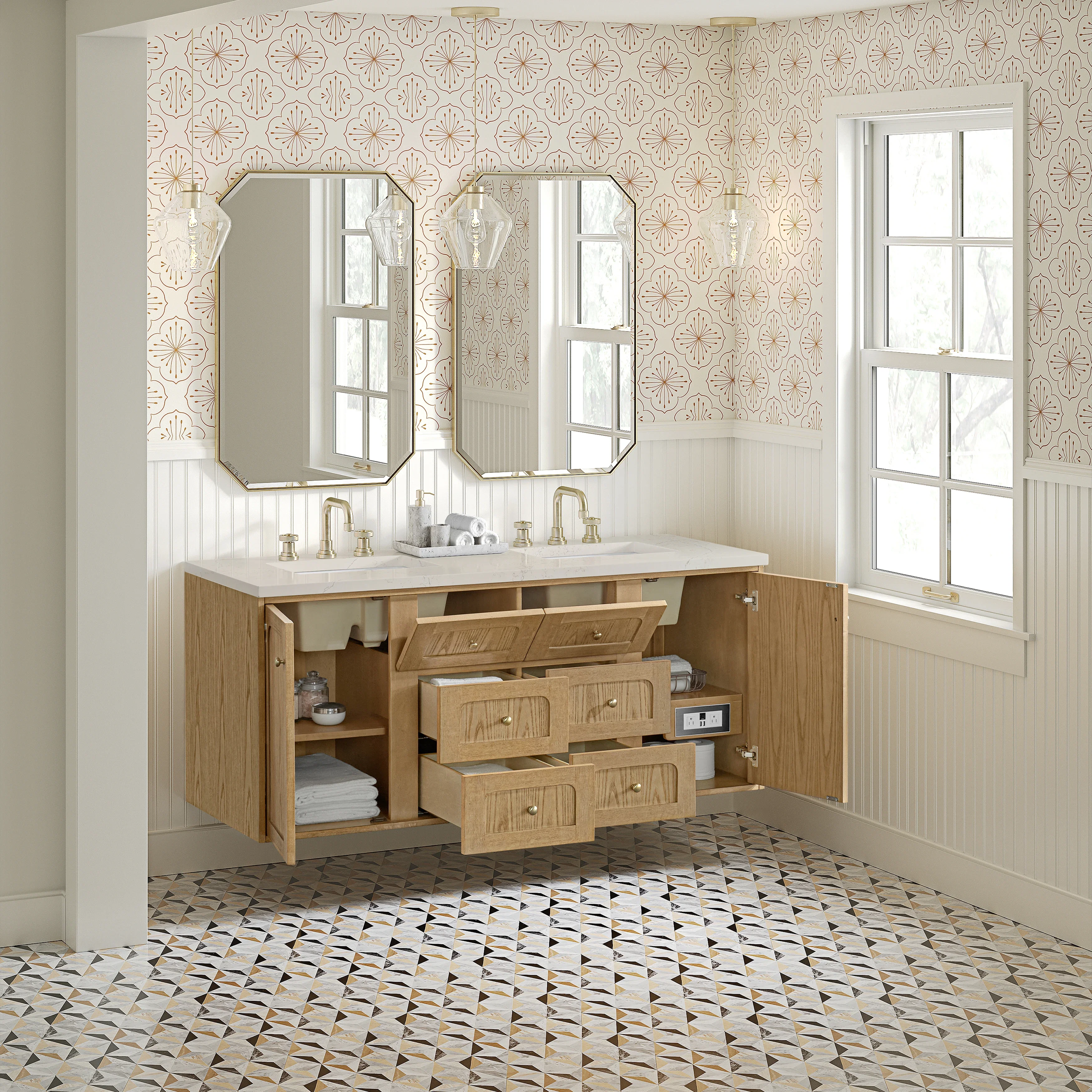 Laurent 60" Double Vanity, Light Natural Oak, w/ 3 CM Siberian Silestone Top