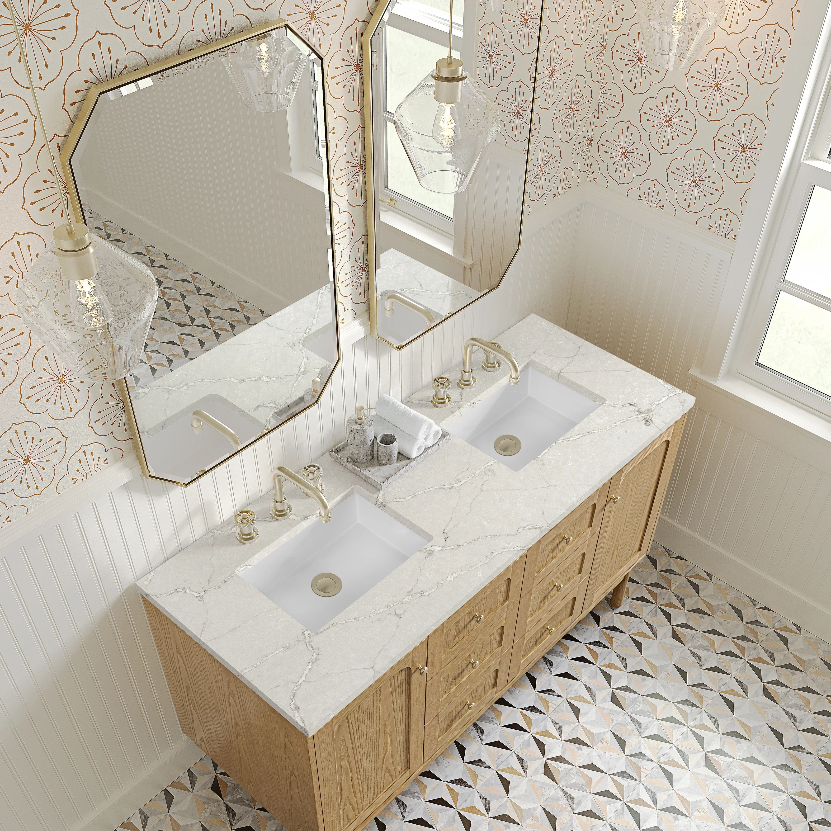 Laurent 60" Double Vanity, Light Natural Oak, w/ 3 CM Victorian Silver Quartz Top