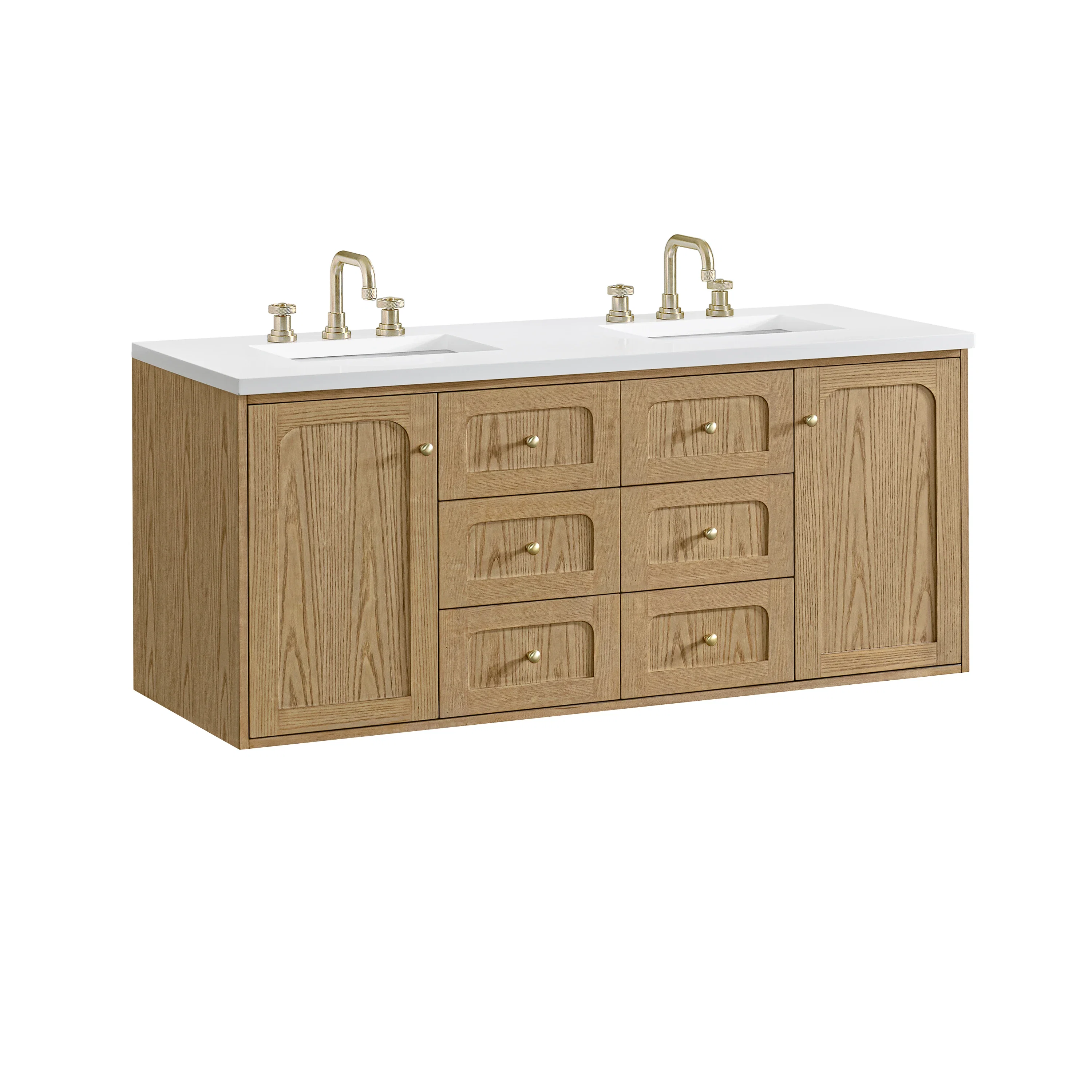 Laurent 60" Double Vanity, Light Natural Oak, w/ 3 CM White Zeus Quartz Top