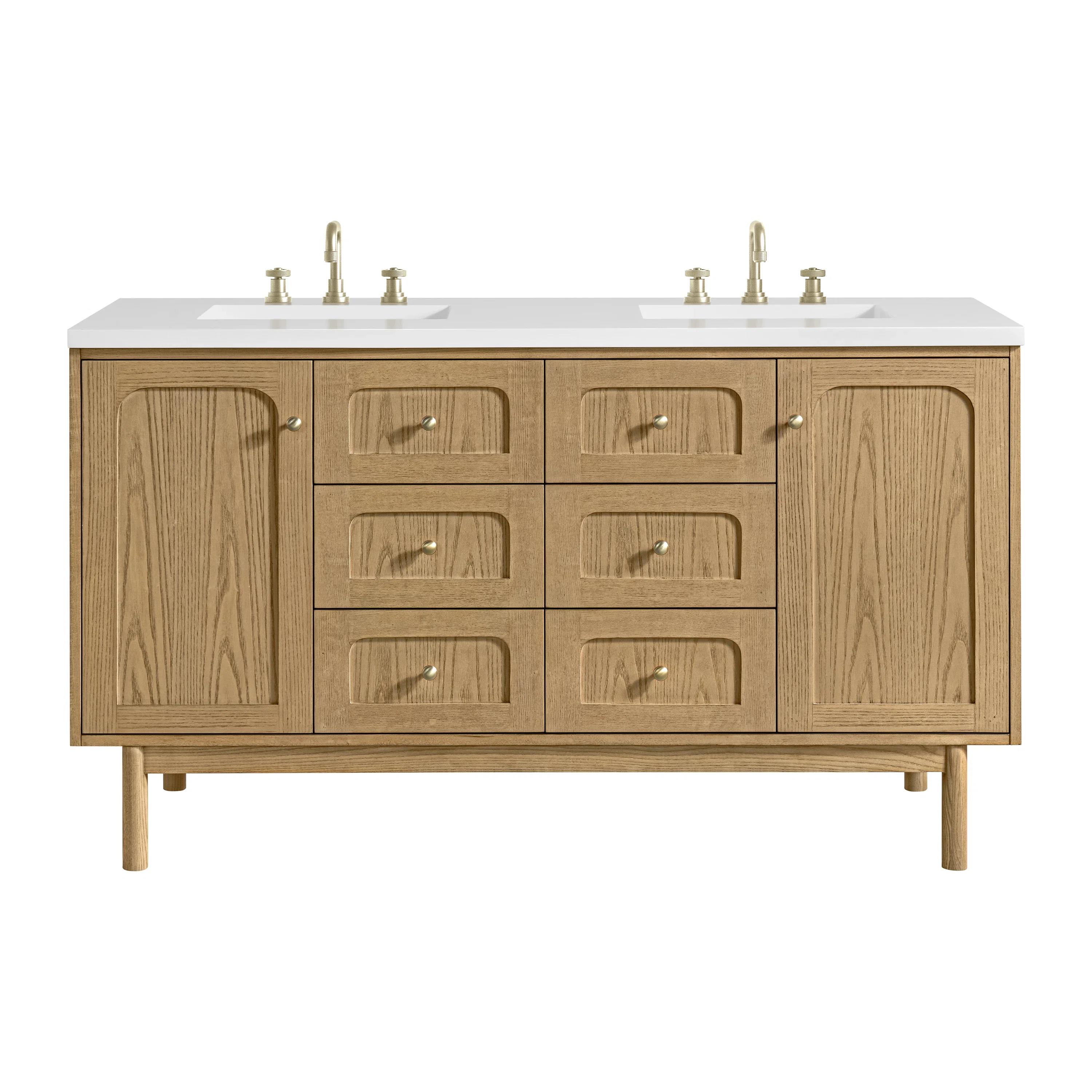 Laurent 60" Double Vanity, Light Natural Oak, w/ 3 CM White Zeus Quartz Top