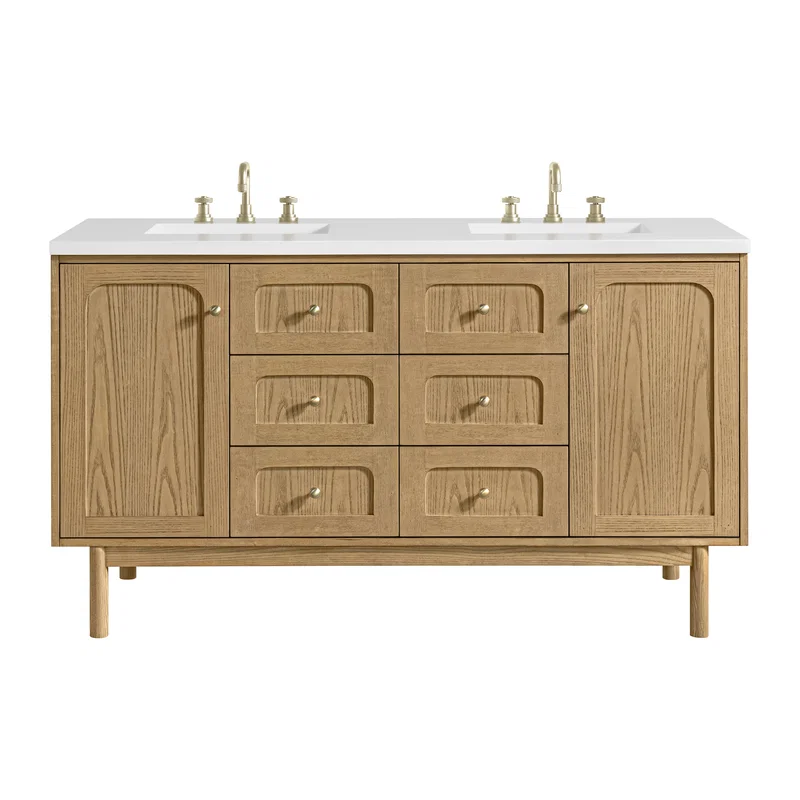 Laurent 60" Double Vanity, Light Natural Oak, w/ 3 CM White Zeus Quartz Top
