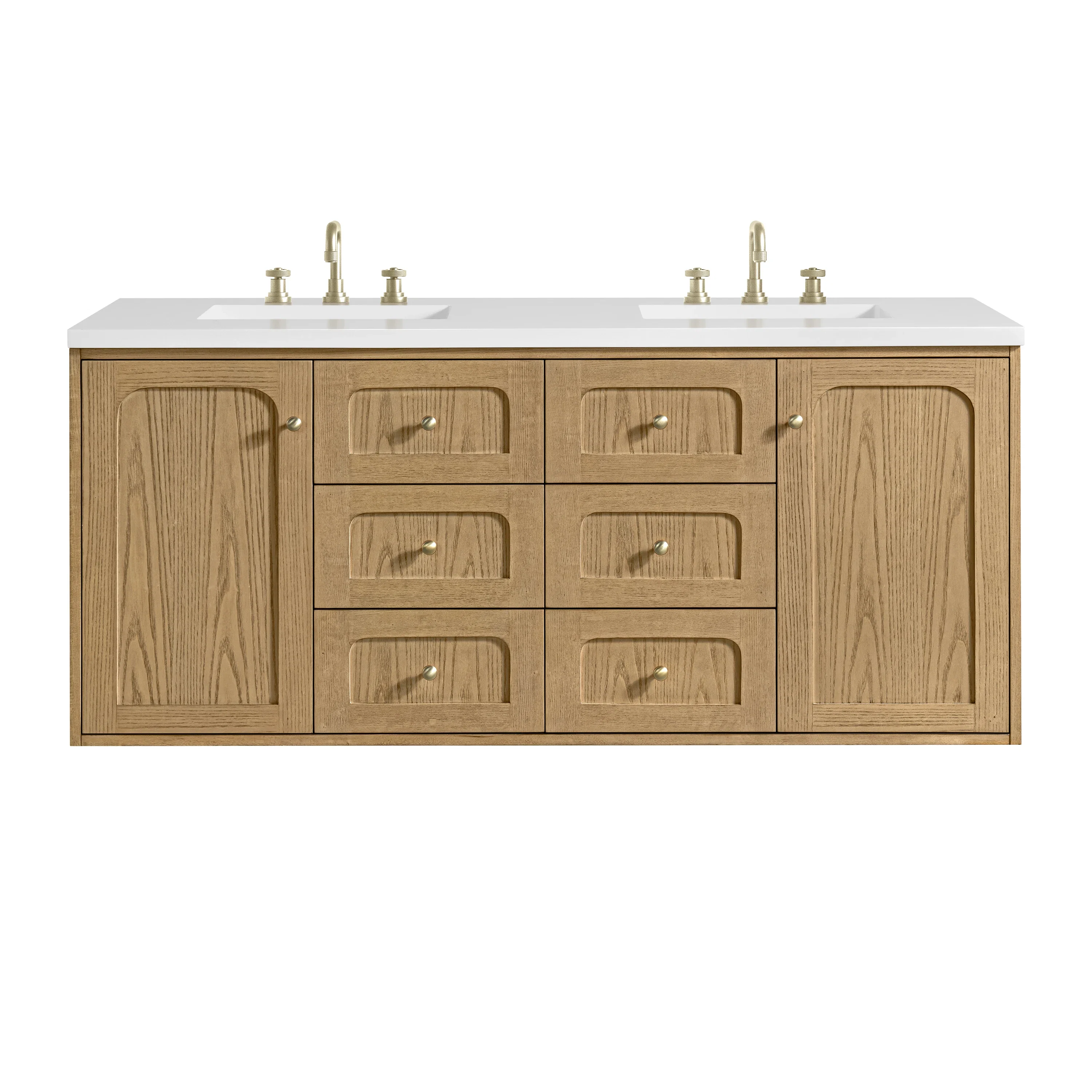 Laurent 60" Double Vanity, Light Natural Oak, w/ 3 CM White Zeus Quartz Top