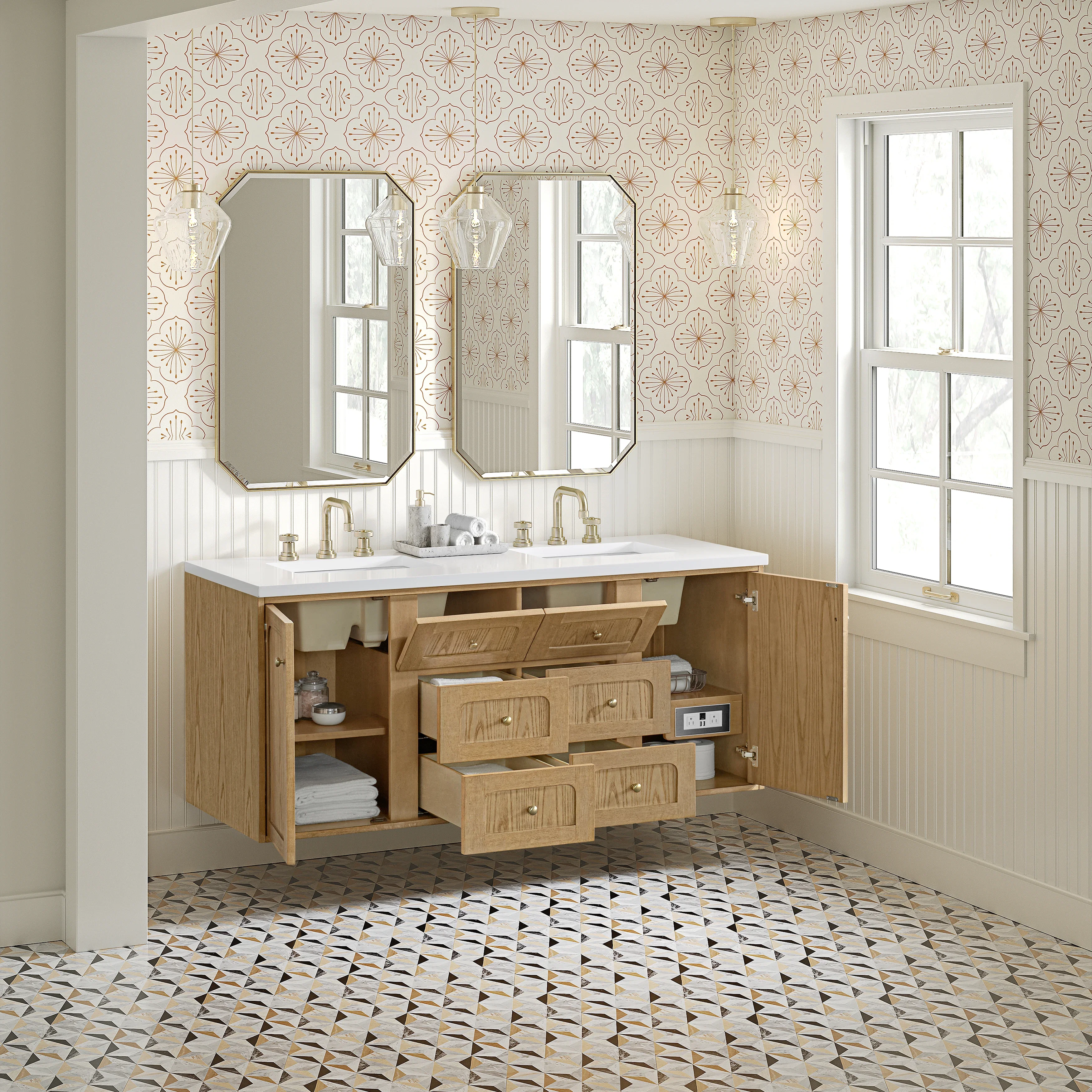 Laurent 60" Double Vanity, Light Natural Oak, w/ 3 CM White Zeus Quartz Top
