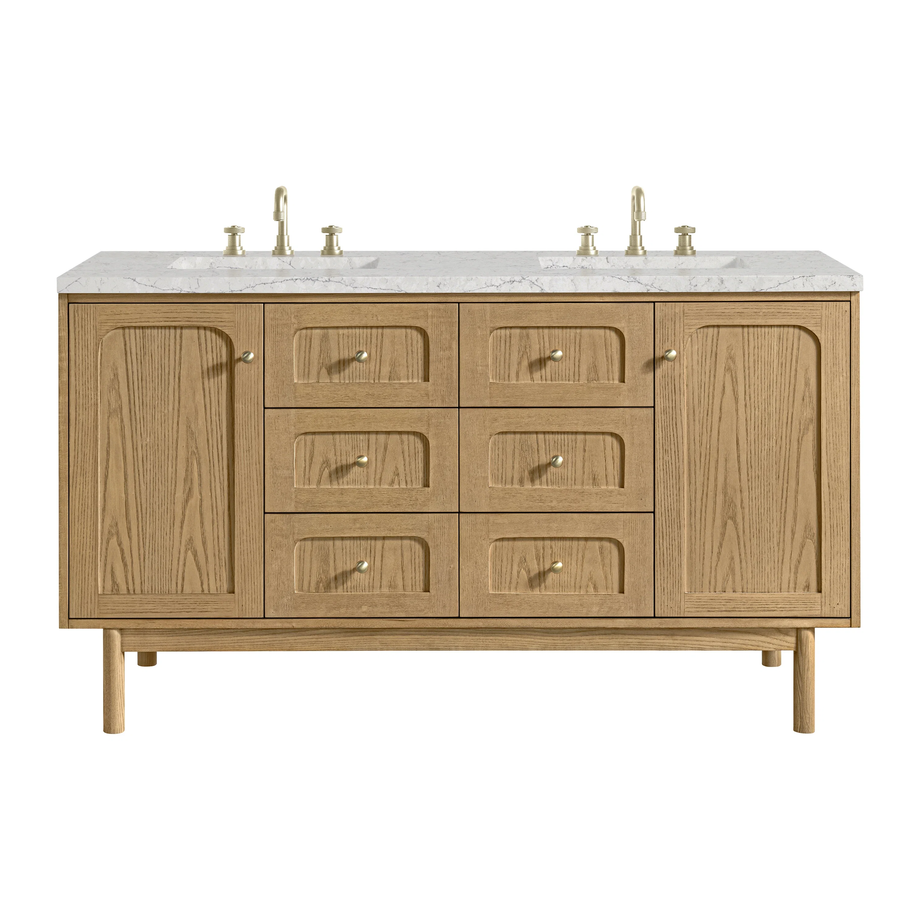 Laurent 60" Double Vanity, Light Natural Oak, w/ 3 CM Eternal Jasmine Pearl Quartz Top w/FreePower Wireless Charger