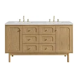 Laurent 60" Double Vanity, Light Natural Oak, w/ 3 CM Eternal Jasmine Pearl Quartz Top w/FreePower Wireless Charger