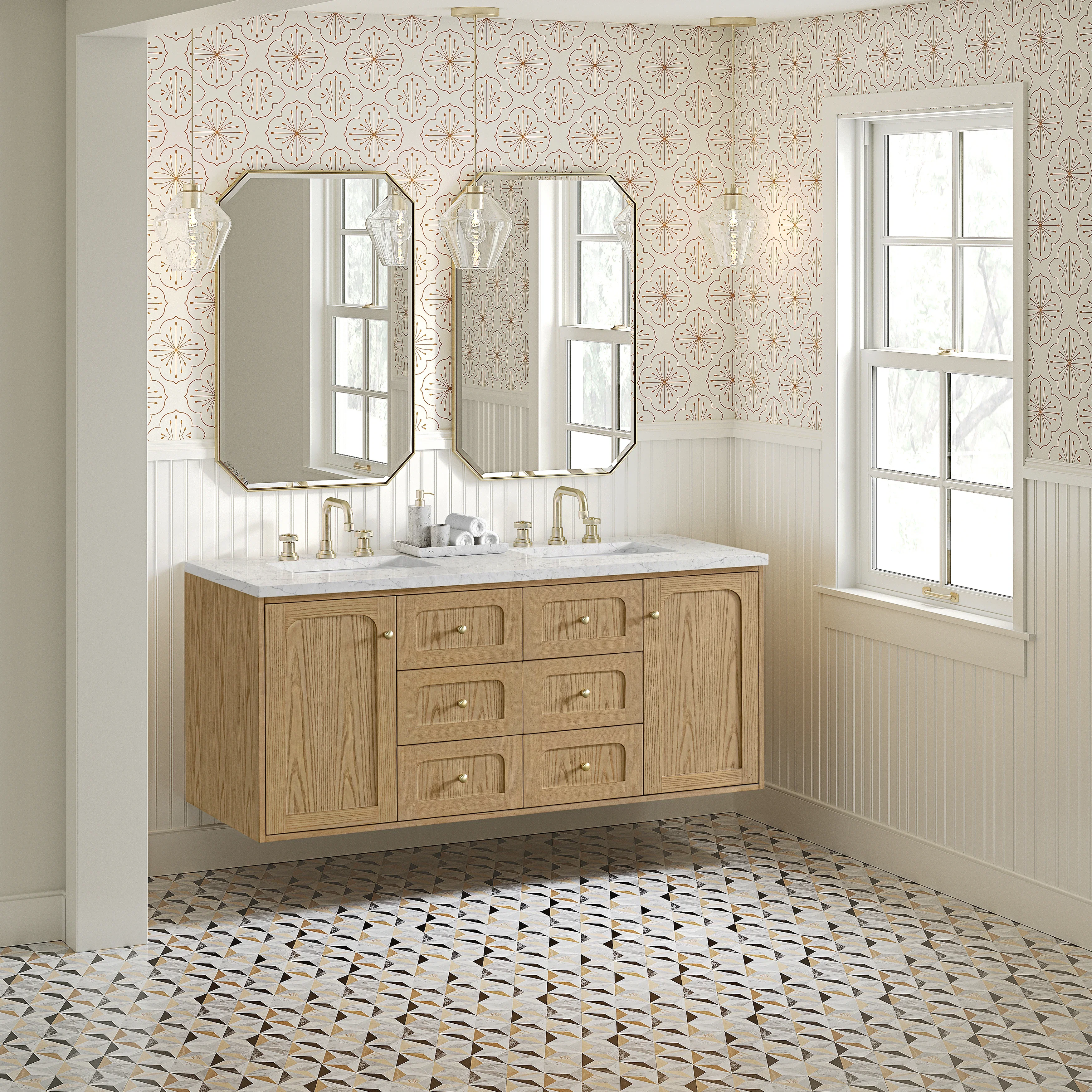 Laurent 60" Double Vanity, Light Natural Oak, w/ 3 CM Eternal Jasmine Pearl Quartz Top w/FreePower Wireless Charger