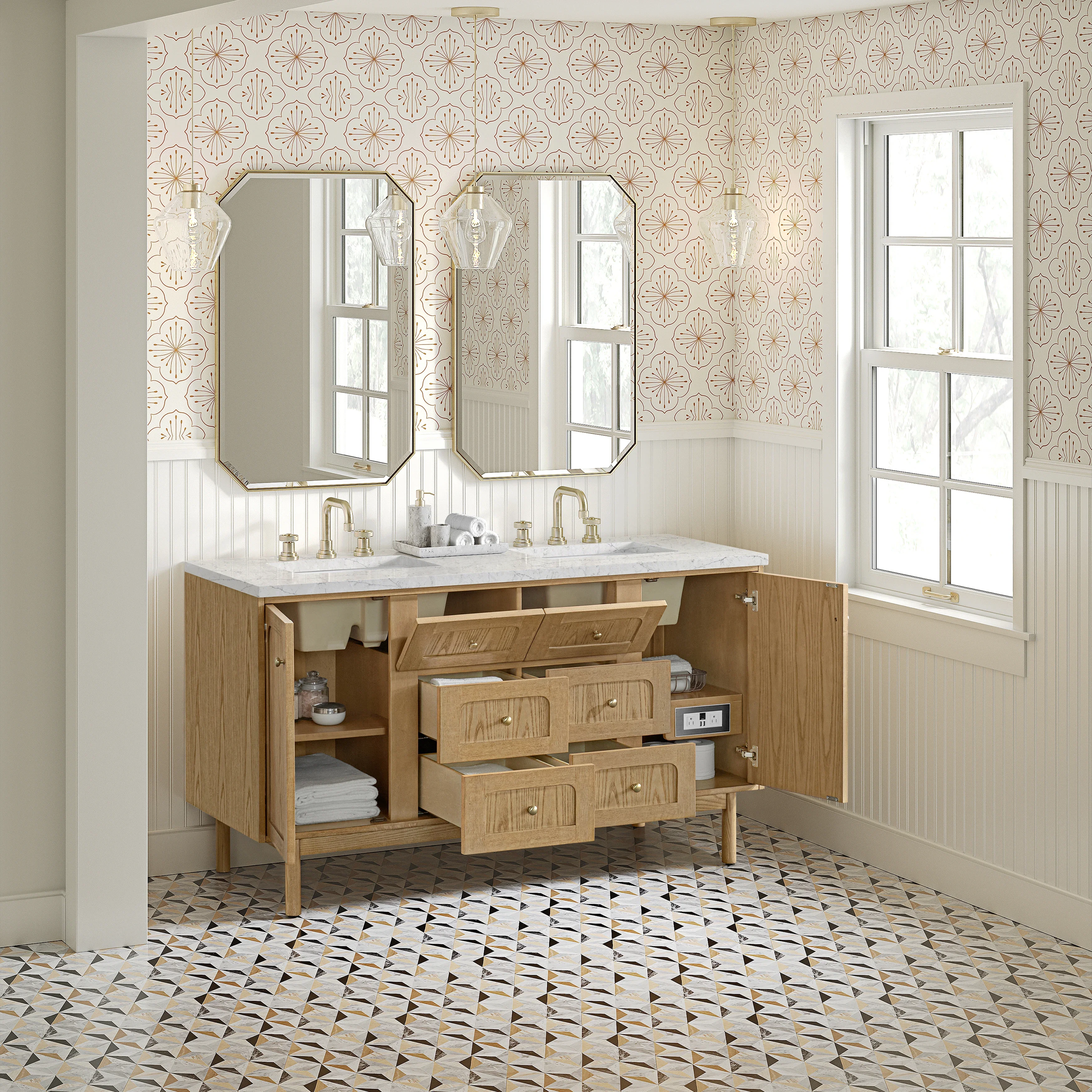 Laurent 60" Double Vanity, Light Natural Oak, w/ 3 CM Eternal Jasmine Pearl Quartz Top w/FreePower Wireless Charger