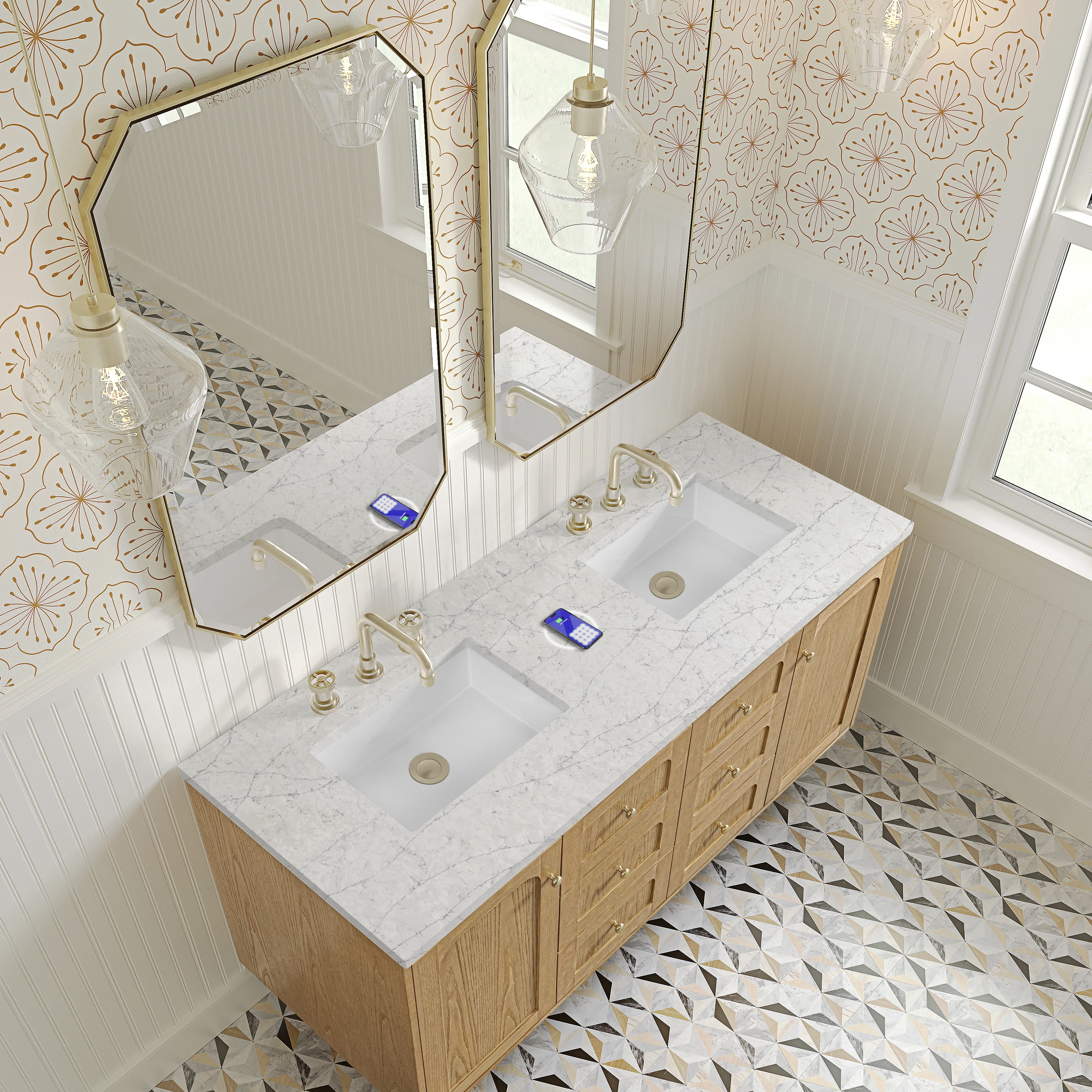 Laurent 60" Double Vanity, Light Natural Oak, w/ 3 CM Eternal Jasmine Pearl Quartz Top w/FreePower Wireless Charger