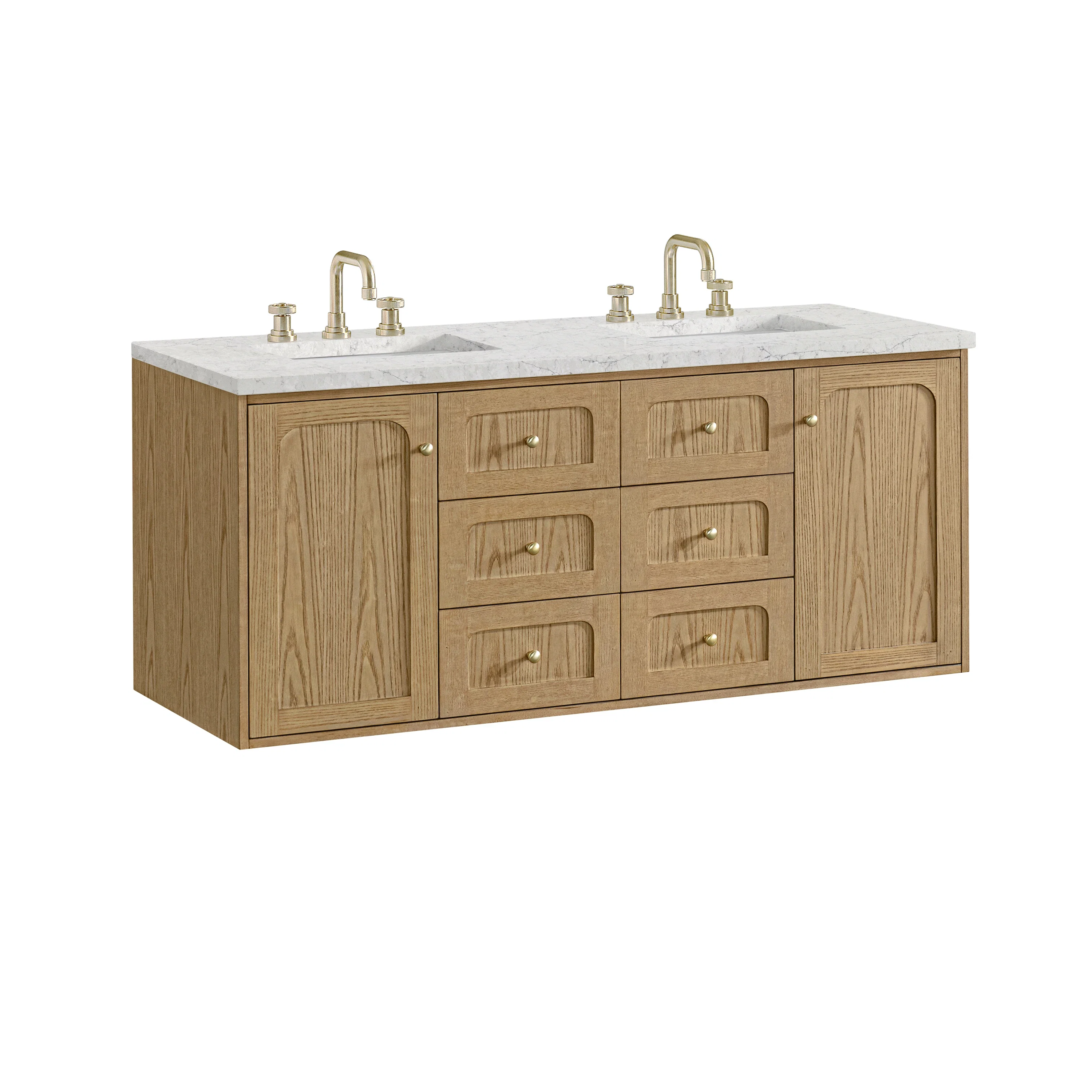 Laurent 60" Double Vanity, Light Natural Oak, w/ 3 CM Eternal Jasmine Pearl Quartz Top w/FreePower Wireless Charger
