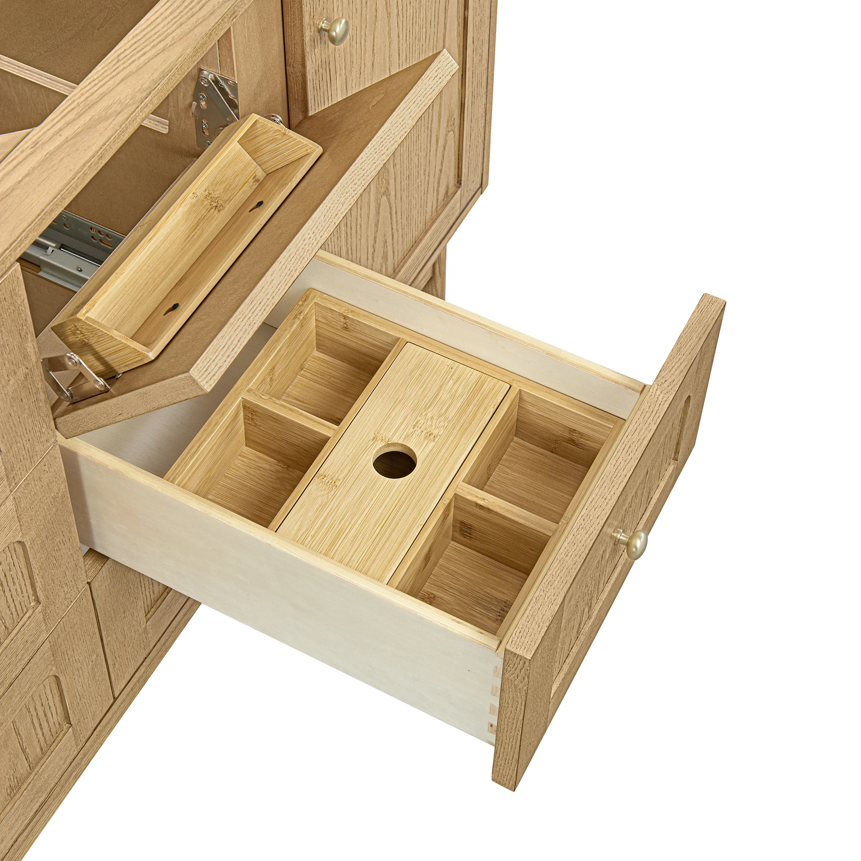 Laurent 60" Double Vanity, Light Natural Oak, w/ 3 CM Eternal Jasmine Pearl Quartz Top w/FreePower Wireless Charger