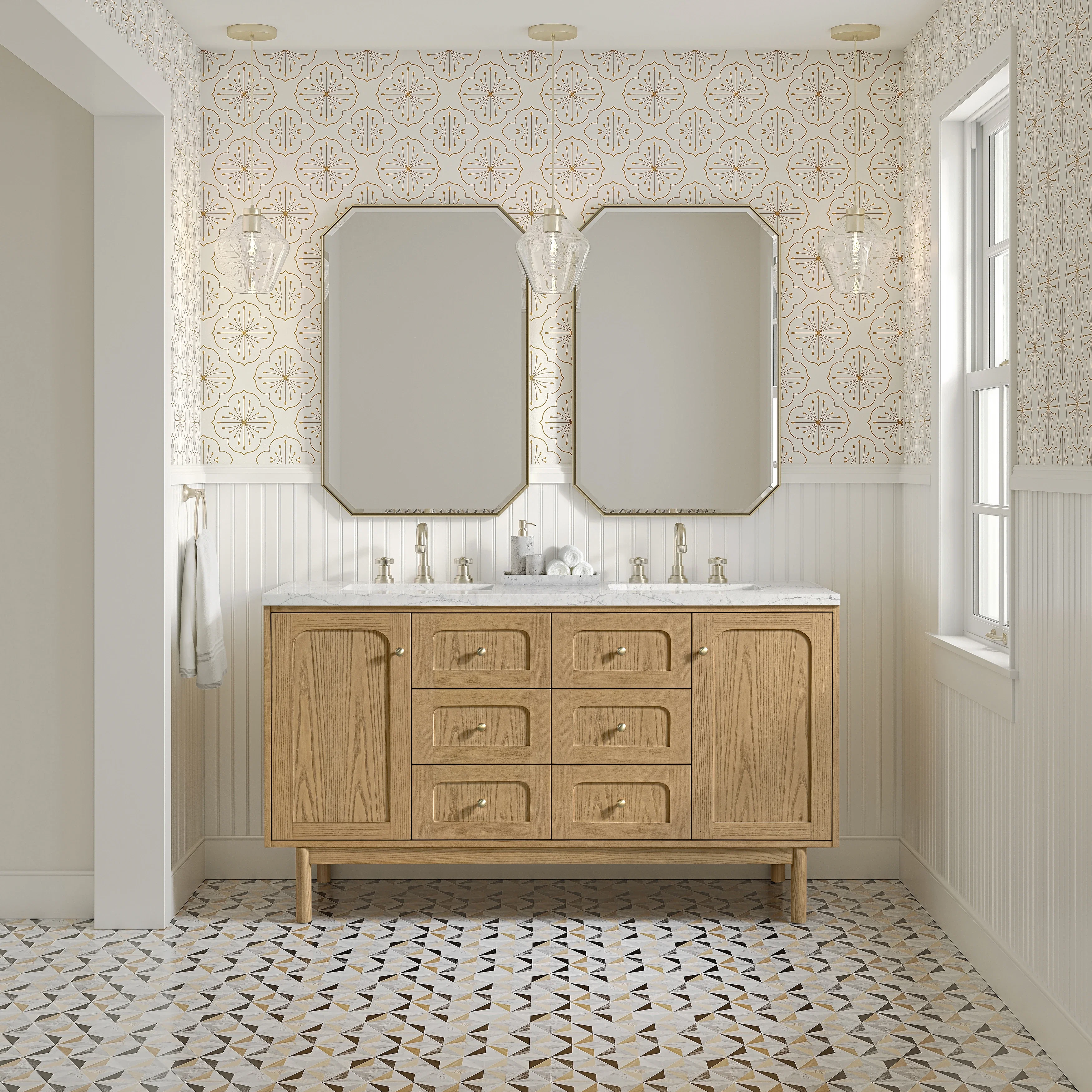 Laurent 60" Double Vanity, Light Natural Oak, w/ 3 CM Eternal Jasmine Pearl Quartz Top w/FreePower Wireless Charger
