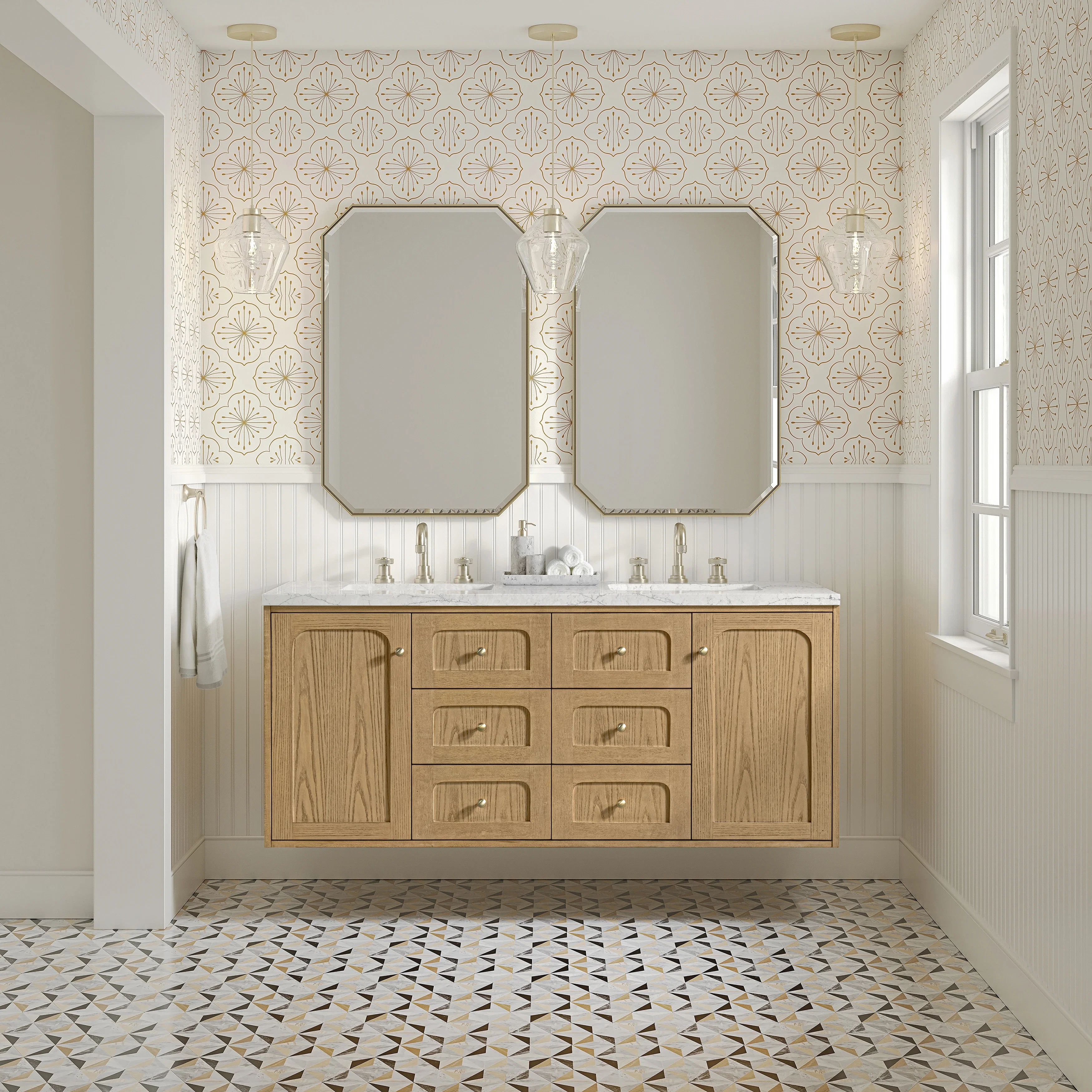 Laurent 60" Double Vanity, Light Natural Oak, w/ 3 CM Eternal Jasmine Pearl Quartz Top w/FreePower Wireless Charger