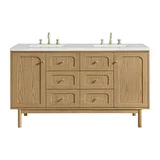 Laurent 60" Double Vanity, Light Natural Oak, w/ 3 CM Ethereal Noctis Quartz Top w/FreePower Wireless Charger