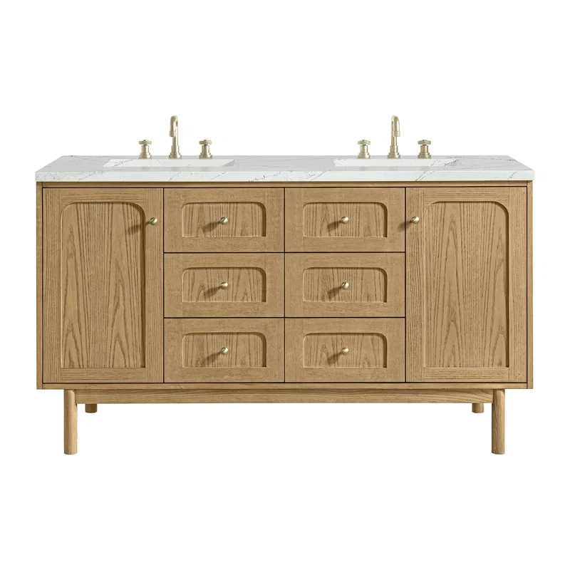 Laurent 60" Double Vanity, Light Natural Oak, w/ 3 CM Ethereal Noctis Quartz Top w/FreePower Wireless Charger