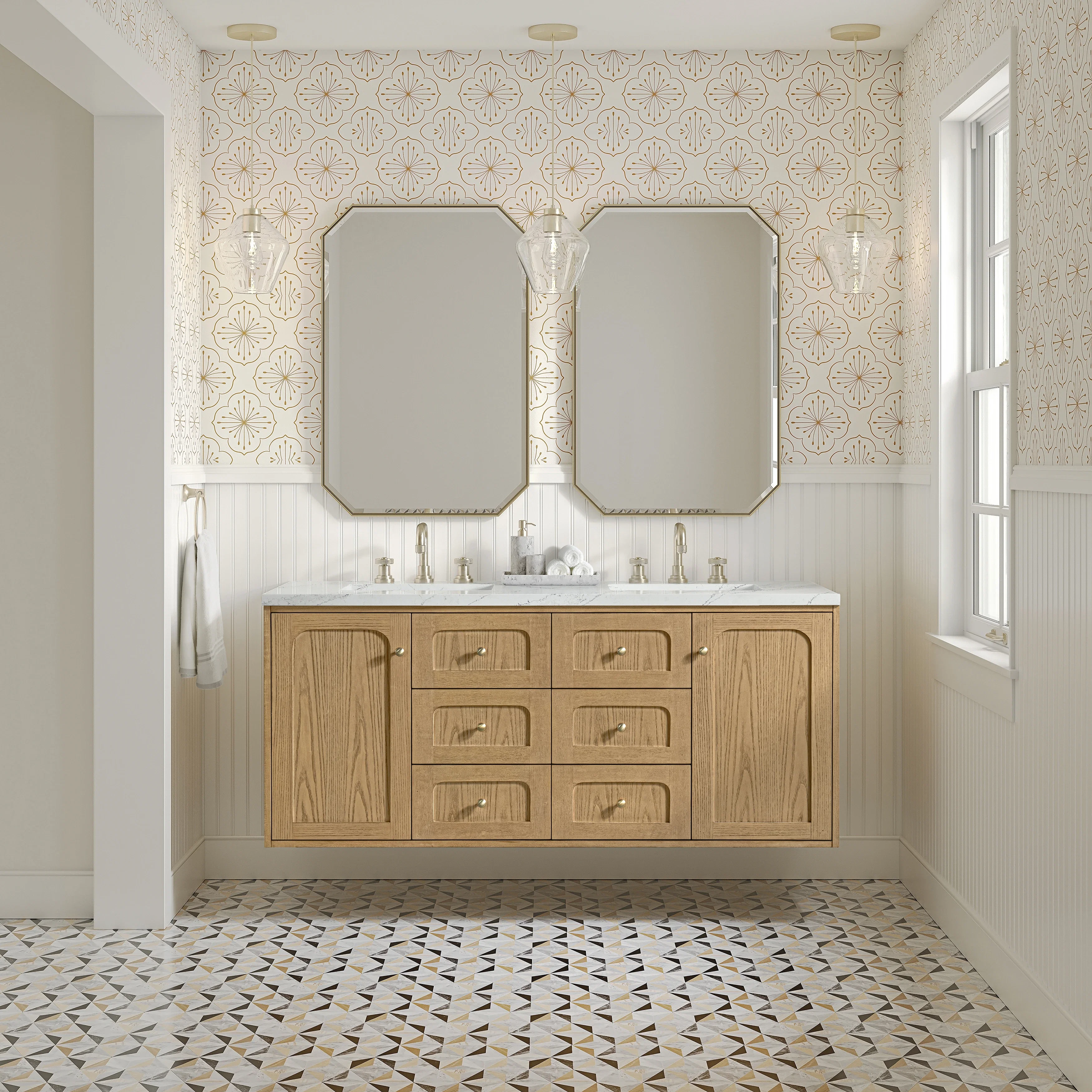 Laurent 60" Double Vanity, Light Natural Oak, w/ 3 CM Ethereal Noctis Quartz Top w/FreePower Wireless Charger
