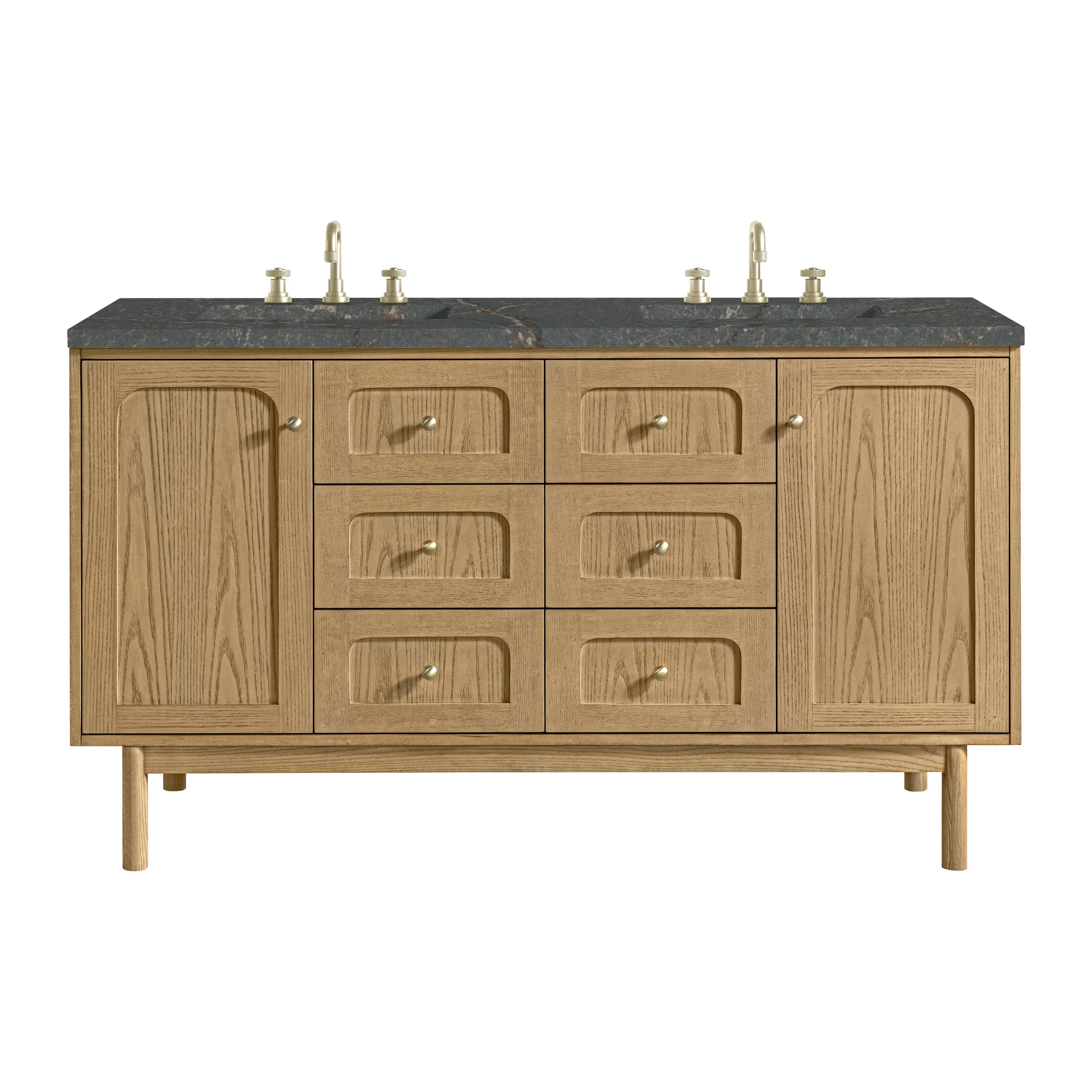 Laurent 60" Double Vanity, Light Natural Oak, w/ 3 CM Parisien Bleu Quartz Top w/FreePower Wireless Charger