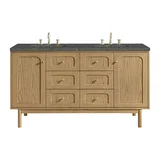 Laurent 60" Double Vanity, Light Natural Oak, w/ 3 CM Parisien Bleu Quartz Top w/FreePower Wireless Charger