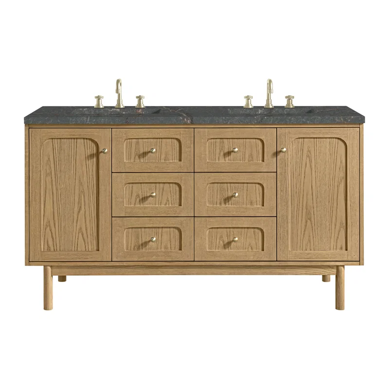 Laurent 60" Double Vanity, Light Natural Oak, w/ 3 CM Parisien Bleu Quartz Top w/FreePower Wireless Charger