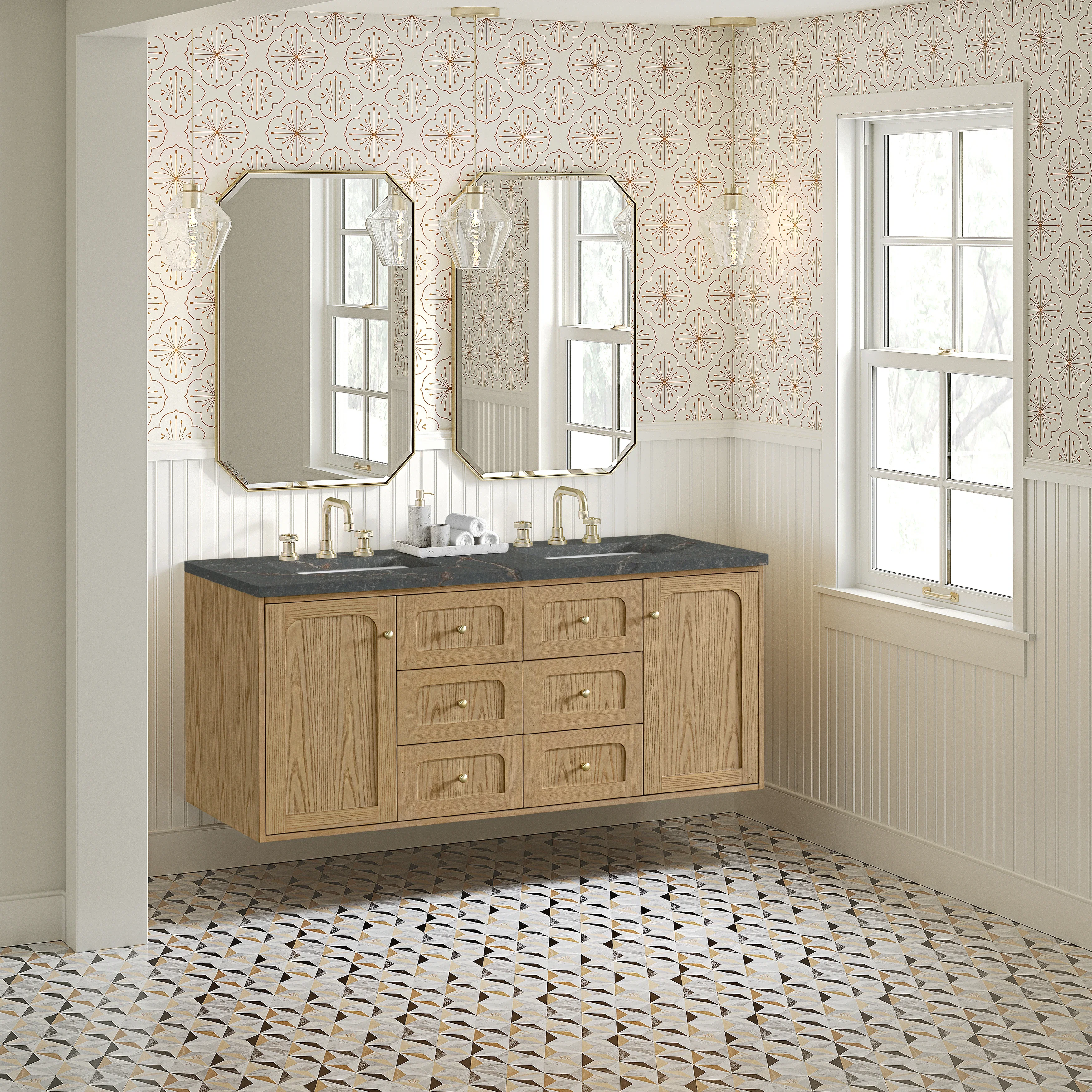 Laurent 60" Double Vanity, Light Natural Oak, w/ 3 CM Parisien Bleu Quartz Top w/FreePower Wireless Charger