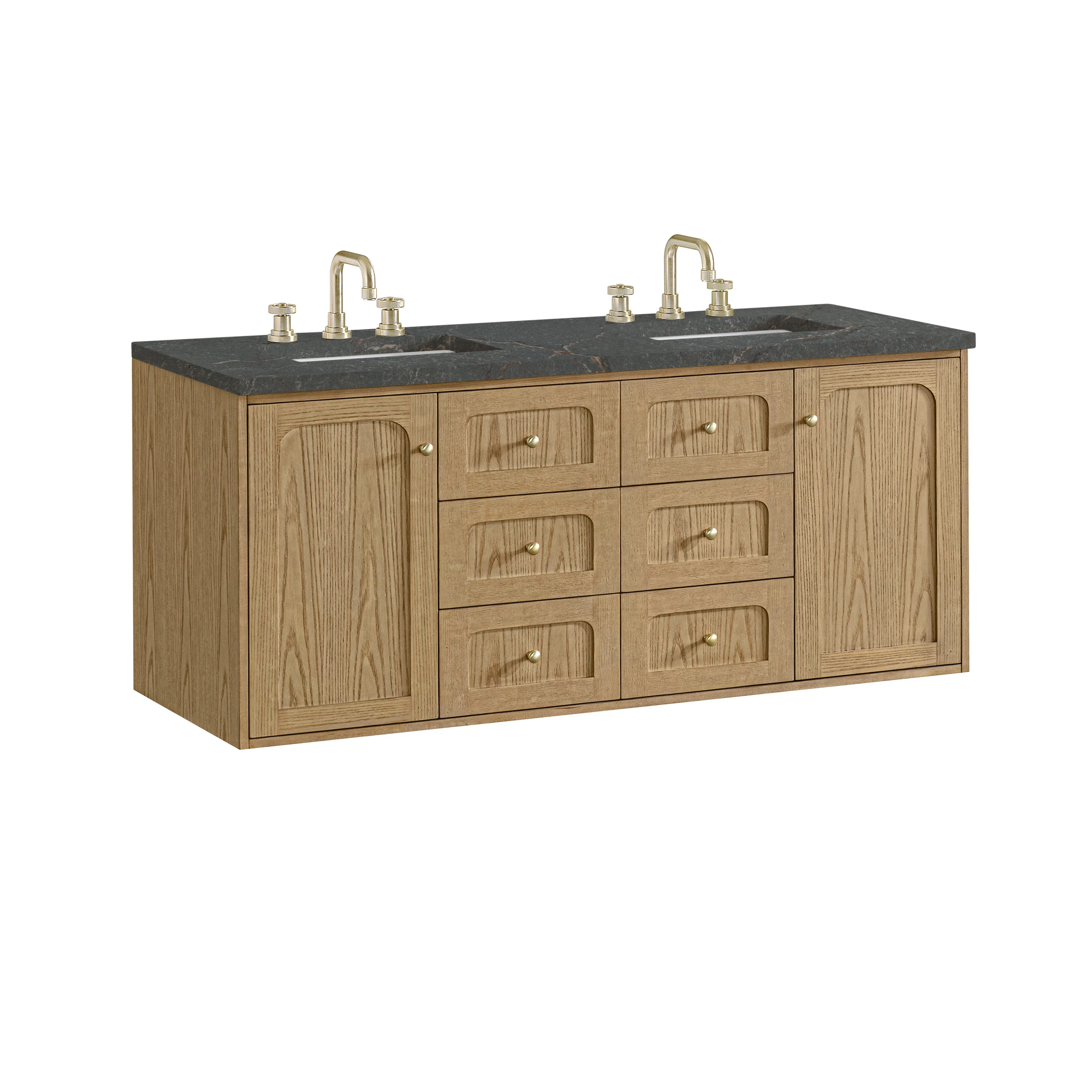 Laurent 60" Double Vanity, Light Natural Oak, w/ 3 CM Parisien Bleu Quartz Top w/FreePower Wireless Charger