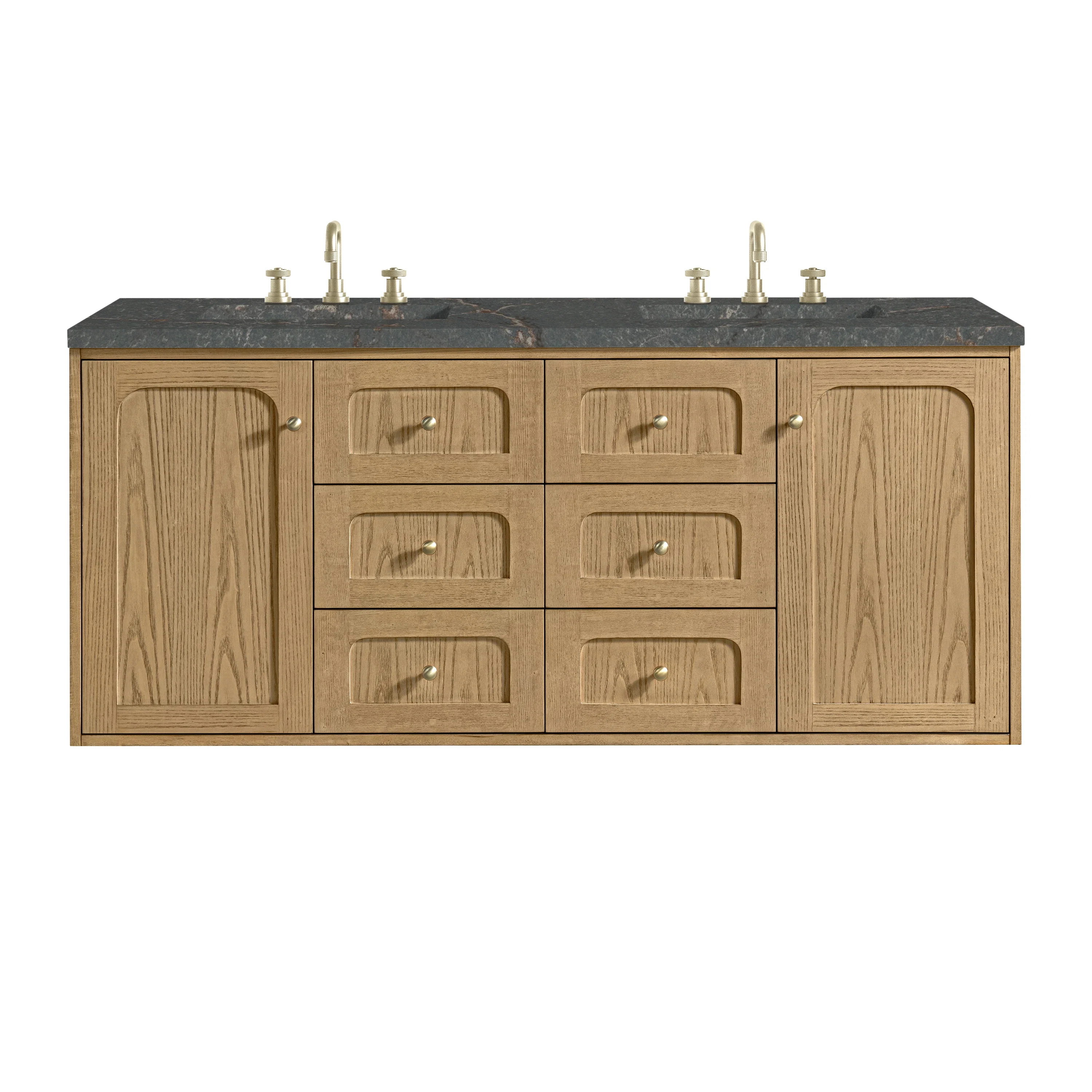 Laurent 60" Double Vanity, Light Natural Oak, w/ 3 CM Parisien Bleu Quartz Top w/FreePower Wireless Charger