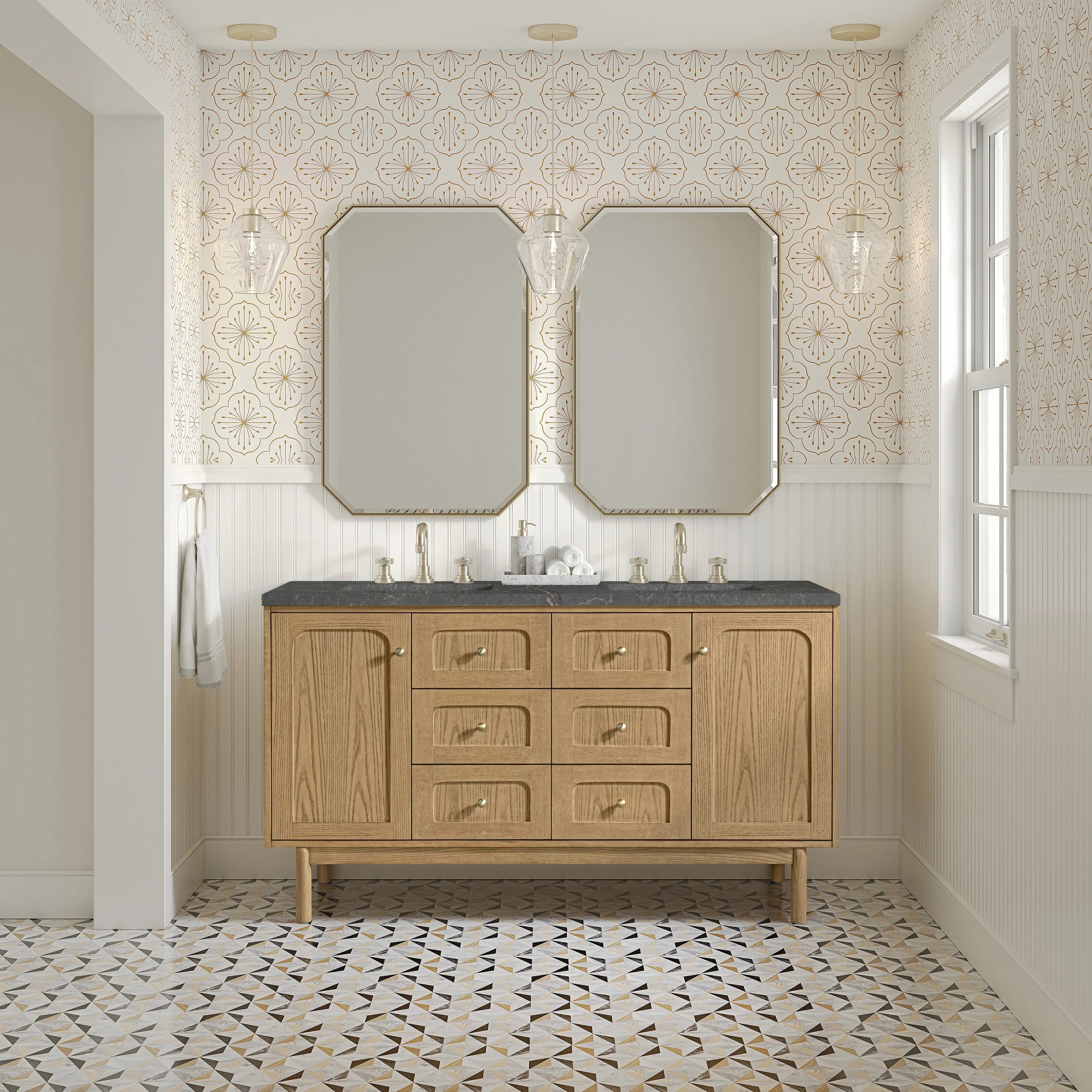 Laurent 60" Double Vanity, Light Natural Oak, w/ 3 CM Parisien Bleu Quartz Top w/FreePower Wireless Charger