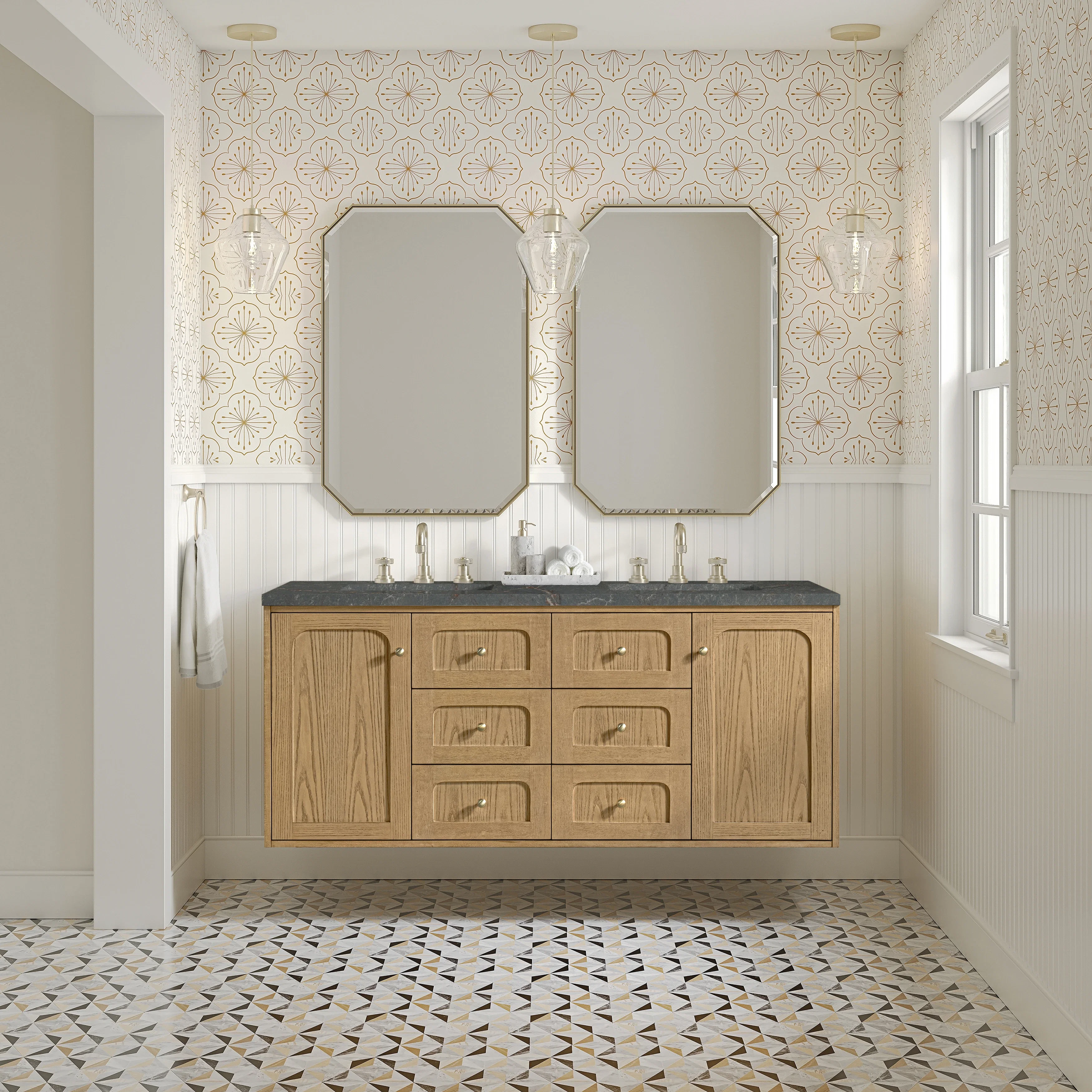 Laurent 60" Double Vanity, Light Natural Oak, w/ 3 CM Parisien Bleu Quartz Top w/FreePower Wireless Charger
