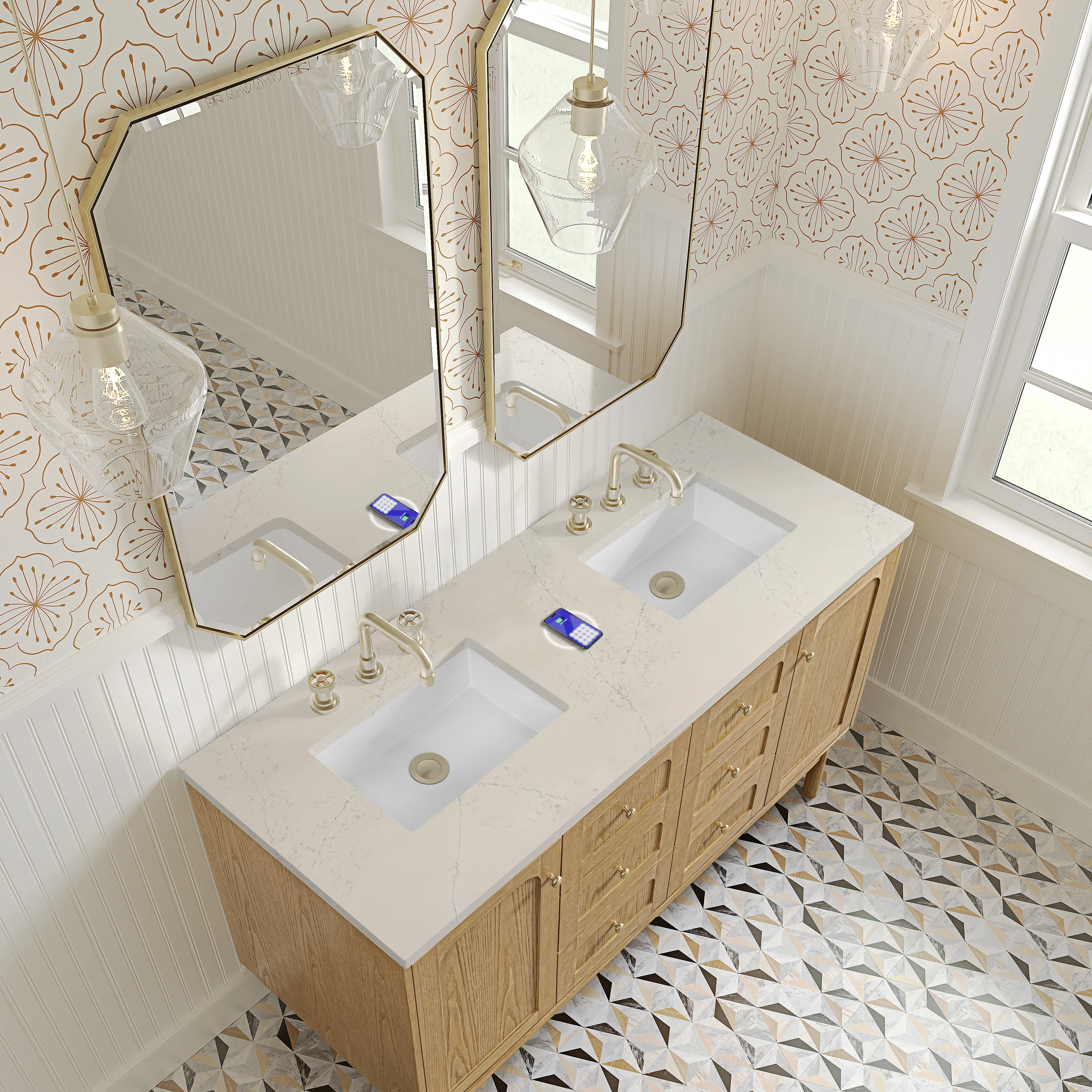 Laurent 60" Double Vanity, Light Natural Oak, w/ 3 CM Siberian Silestone Top w/FreePower Wireless Charger