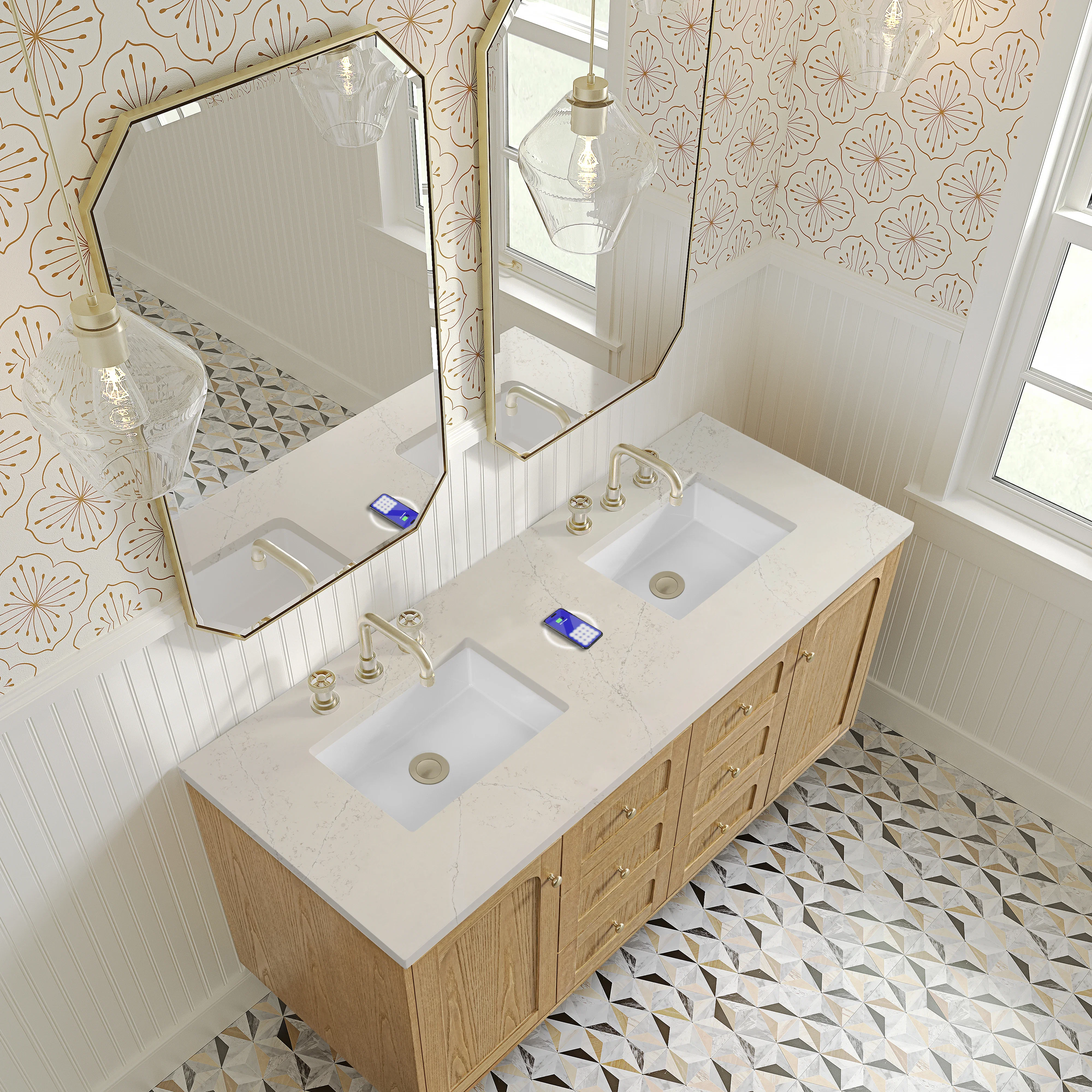 Laurent 60" Double Vanity, Light Natural Oak, w/ 3 CM Siberian Silestone Top w/FreePower Wireless Charger