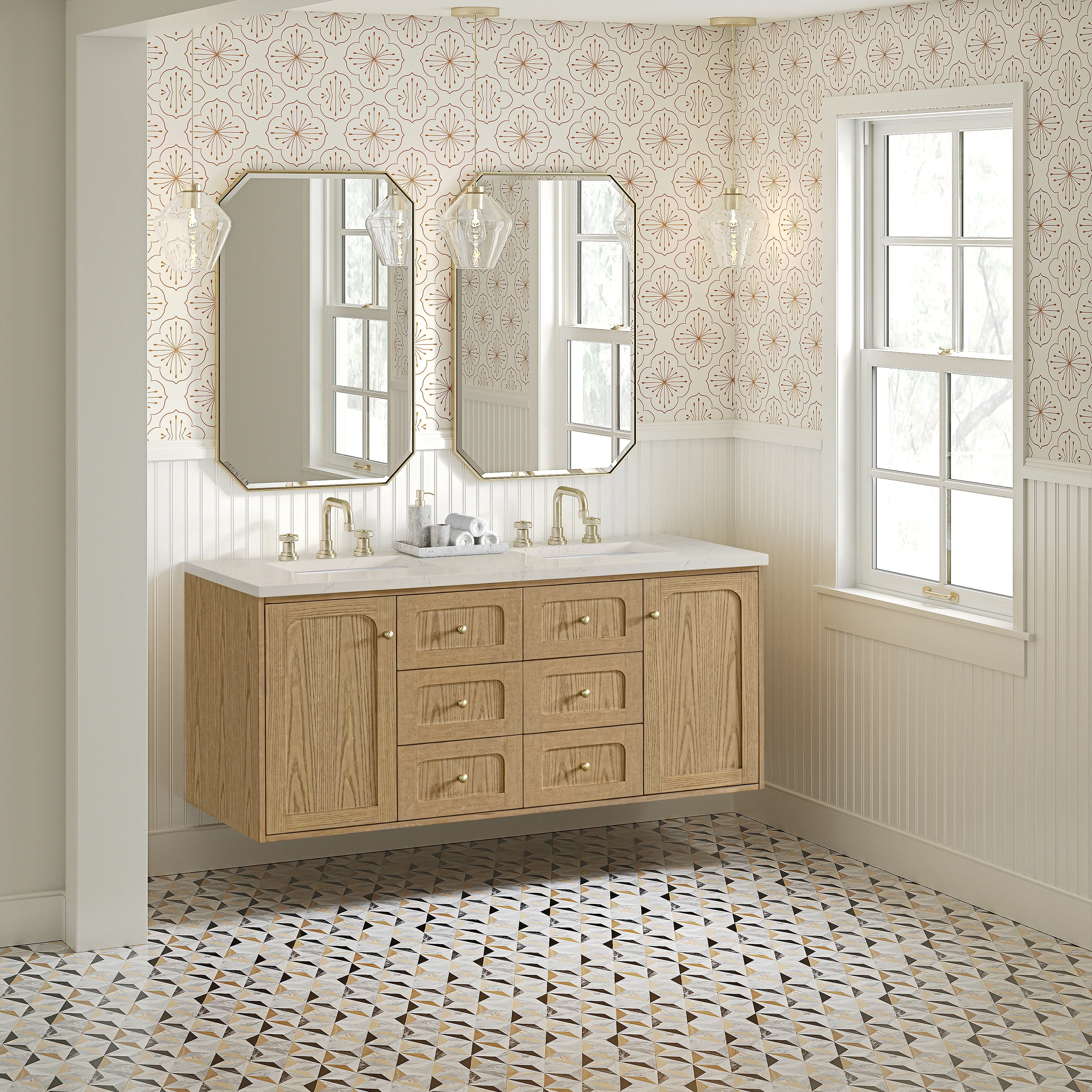 Laurent 60" Double Vanity, Light Natural Oak, w/ 3 CM Siberian Silestone Top w/FreePower Wireless Charger