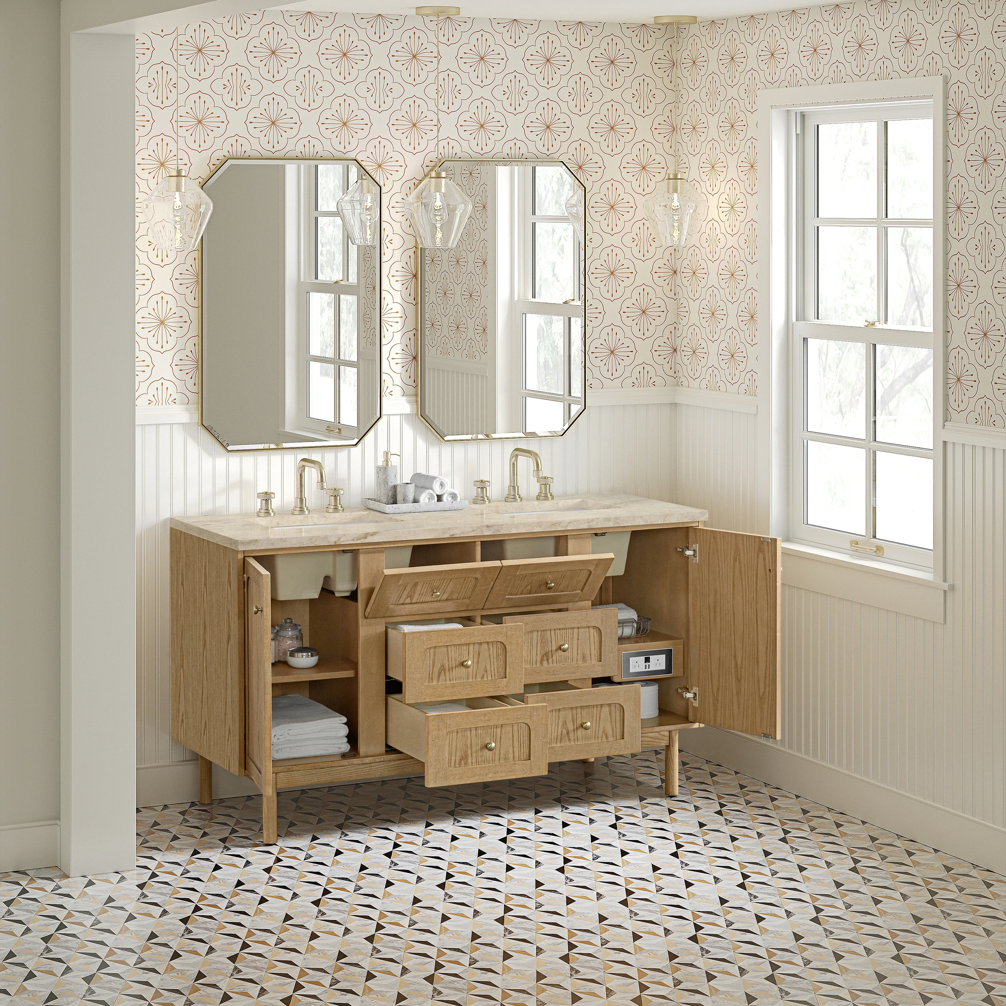 Laurent 60" Double Vanity, Light Natural Oak, w/ 3 CM Tajnar Eclos Top w/FreePower Wireless Charger