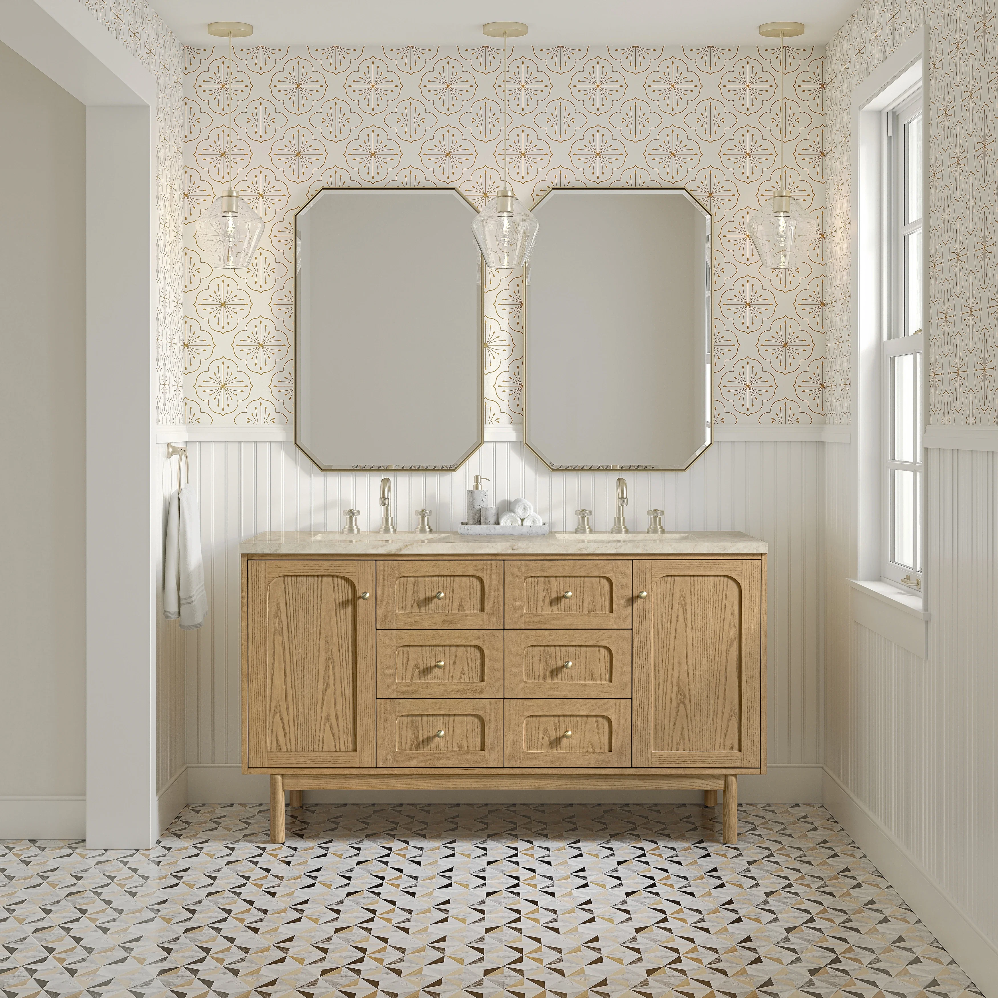 Laurent 60" Double Vanity, Light Natural Oak, w/ 3 CM Tajnar Eclos Top w/FreePower Wireless Charger