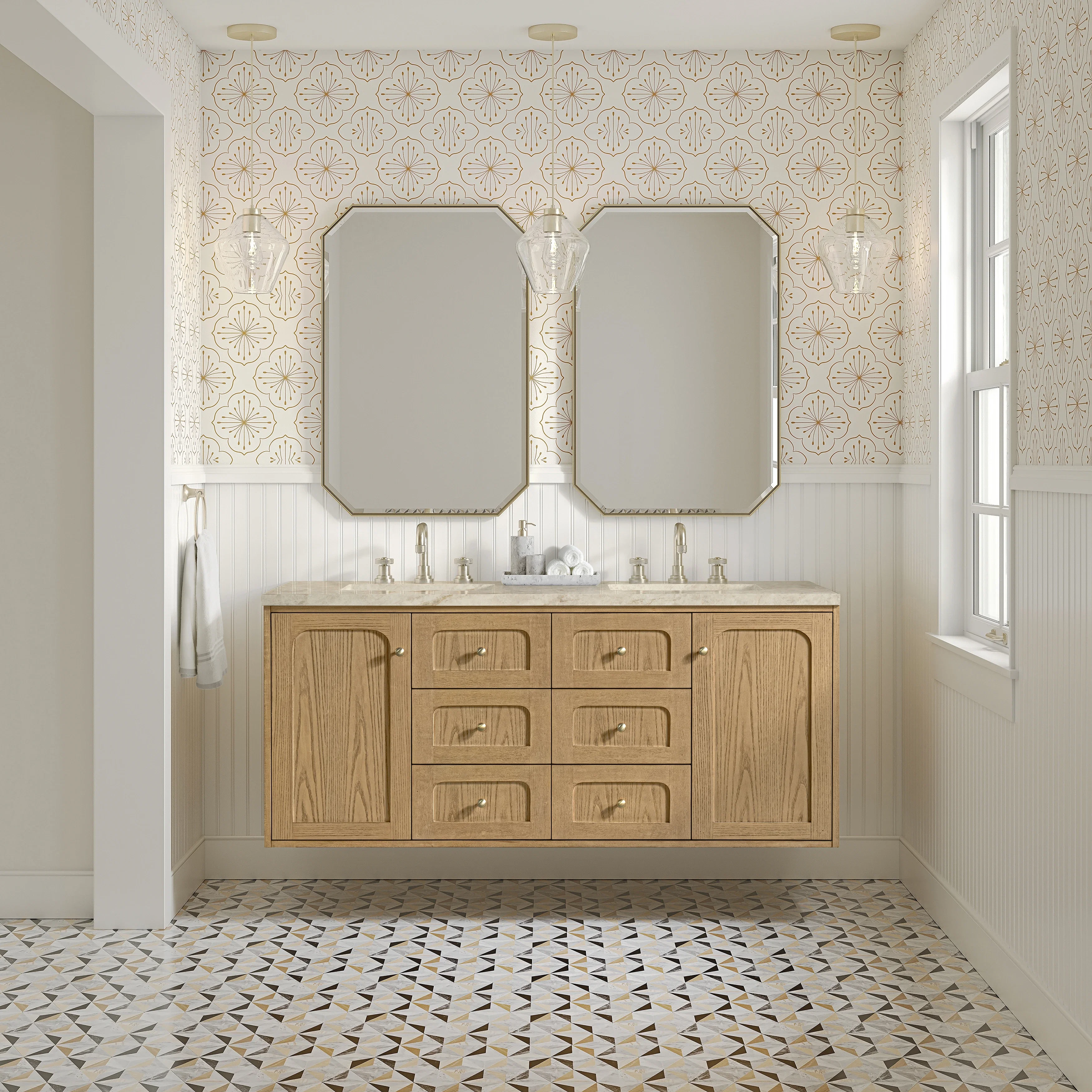 Laurent 60" Double Vanity, Light Natural Oak, w/ 3 CM Tajnar Eclos Top w/FreePower Wireless Charger