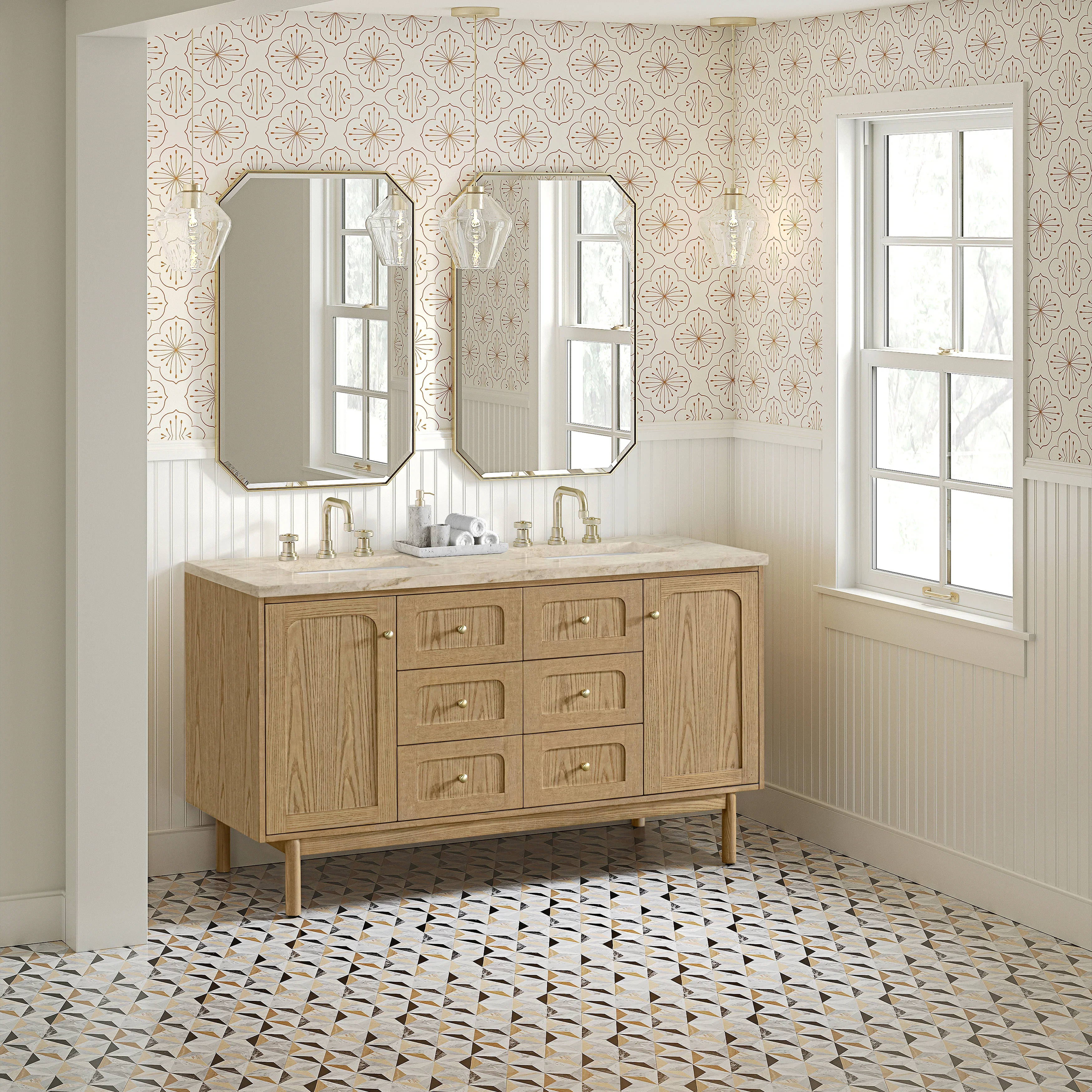 Laurent 60" Double Vanity, Light Natural Oak, w/ 3 CM Tajnar Eclos Top w/FreePower Wireless Charger