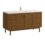 Laurent 60" Single Vanity, Honey Oak w/ Single Hole 3 CM White Zeus Silestone Top and Matching Backsplash