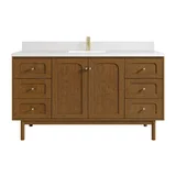 Laurent 60" Single Vanity, Honey Oak w/ Single Hole 3 CM White Zeus Silestone Top and Matching Backsplash