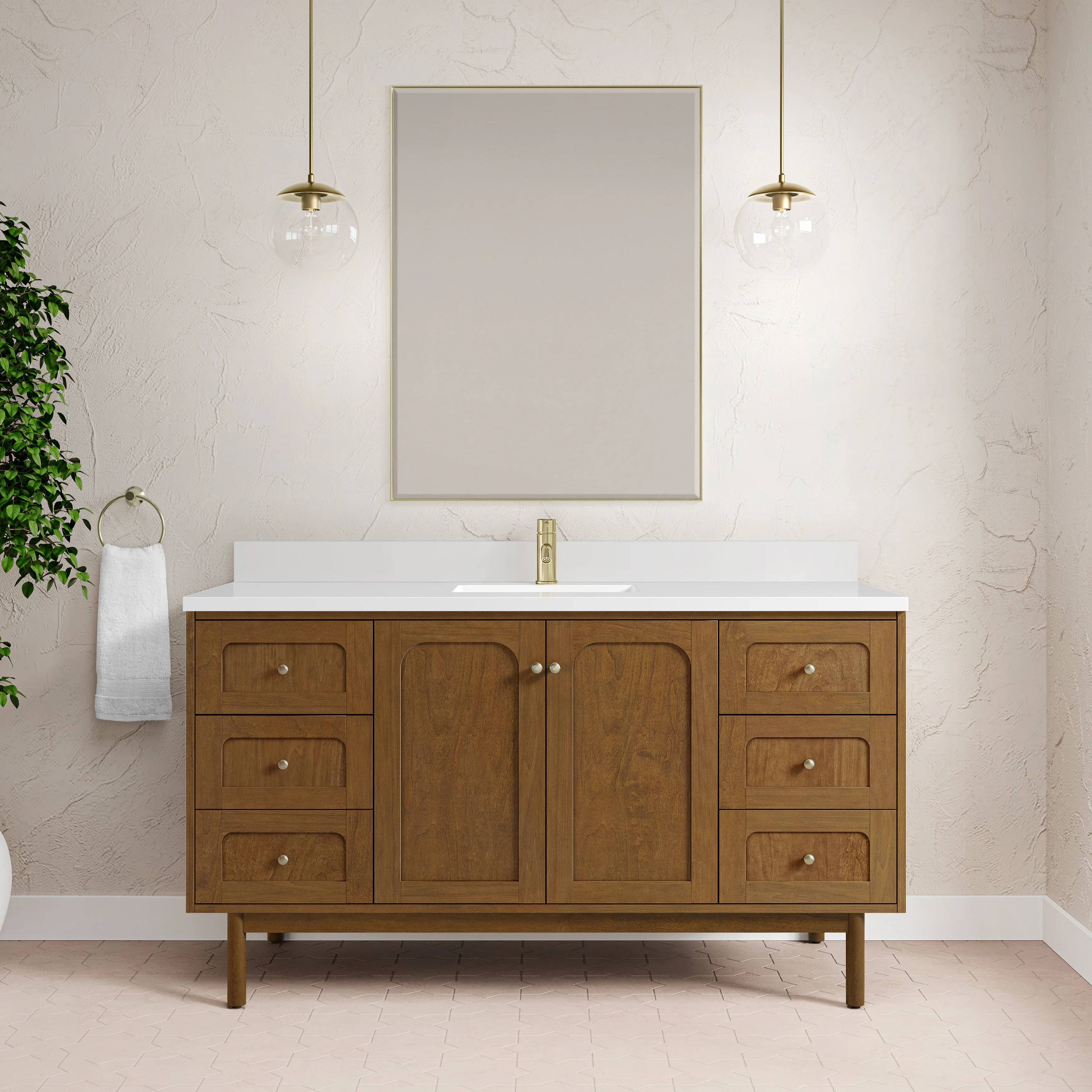 Laurent 60" Single Vanity, Honey Oak w/ Single Hole 3 CM White Zeus Silestone Top and Matching Backsplash