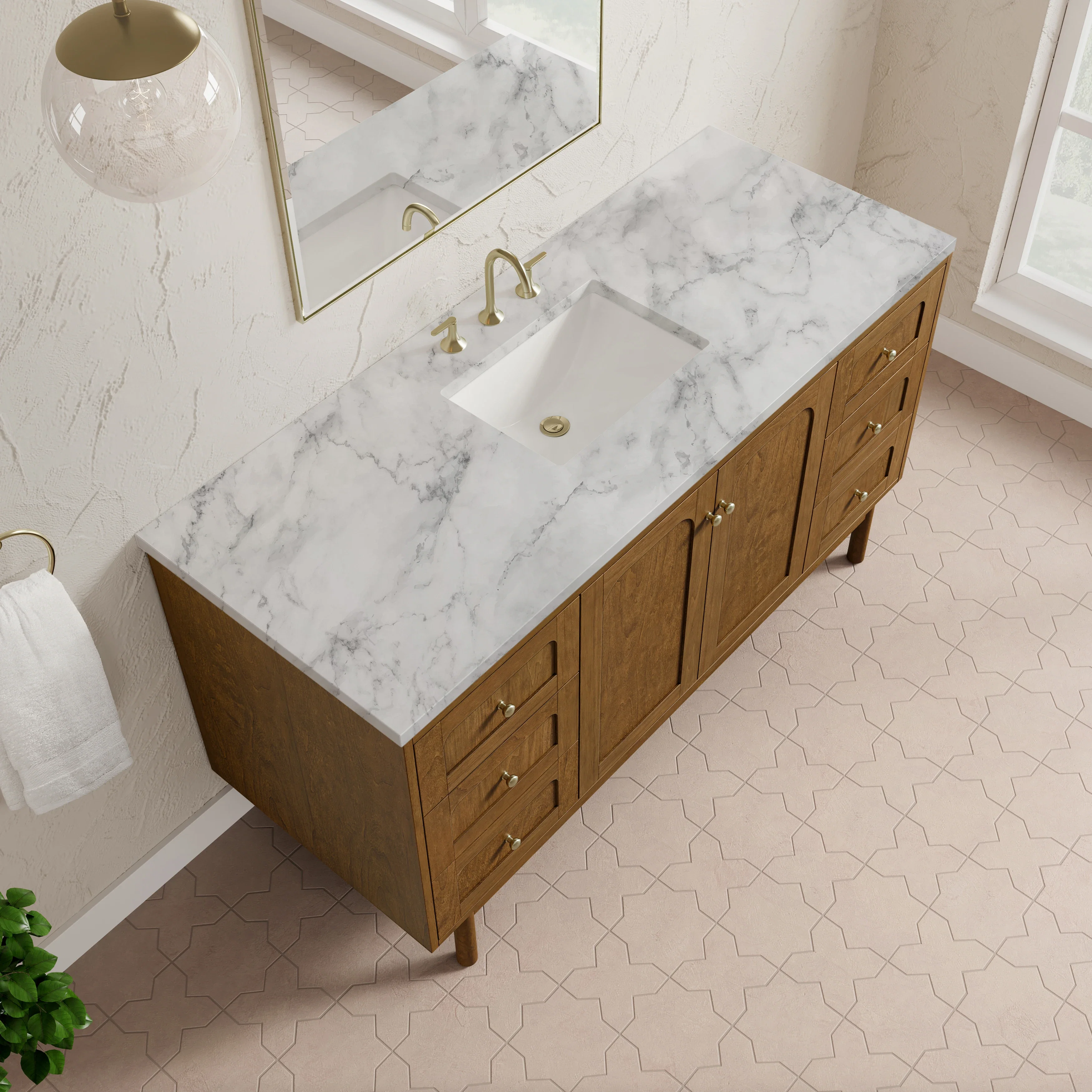Laurent 60" Single Vanity, Honey Oak w/ 3 CM Carrara Marble Top