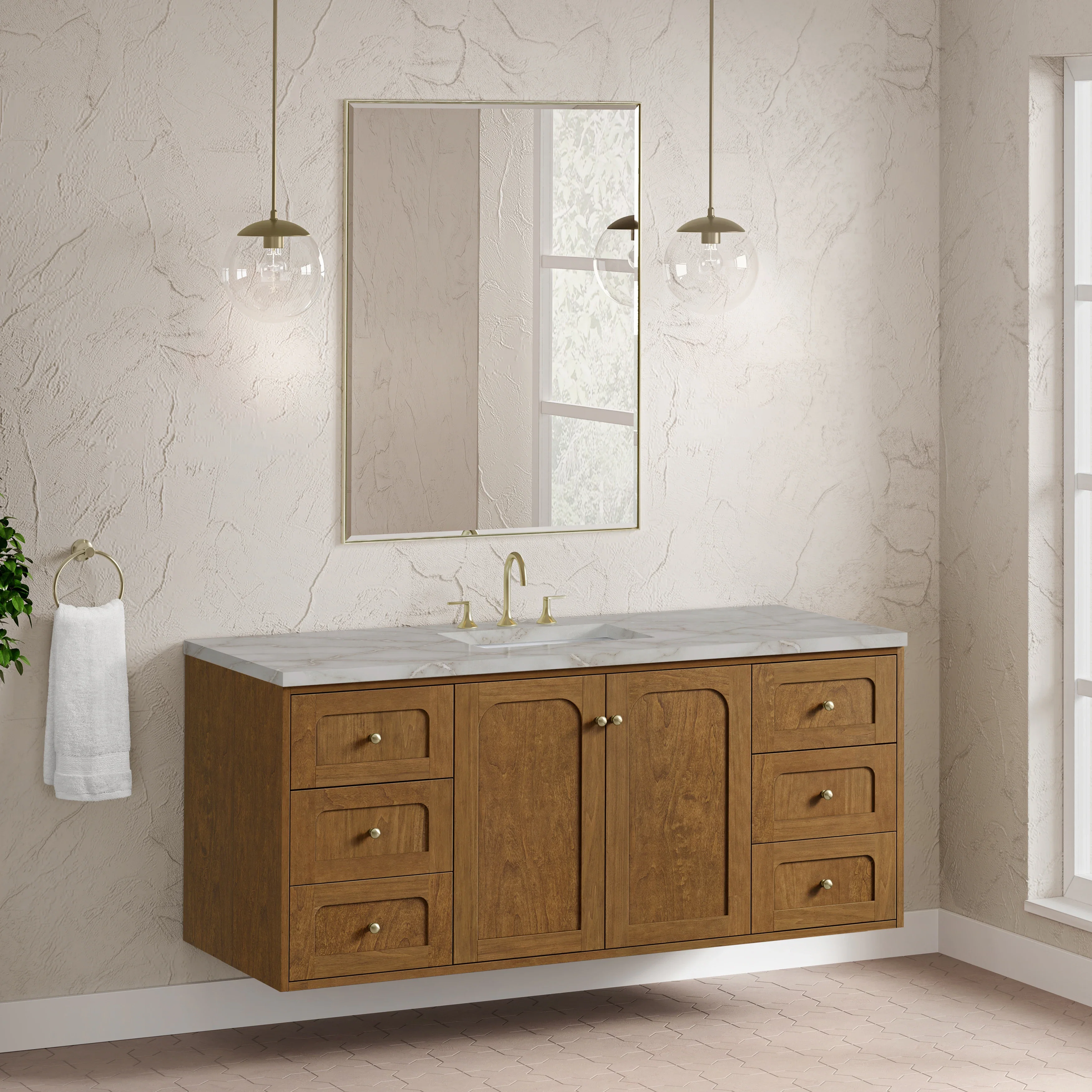Laurent 60" Single Vanity, Honey Oak w/ 3 CM Victorian Silver Silestone Top