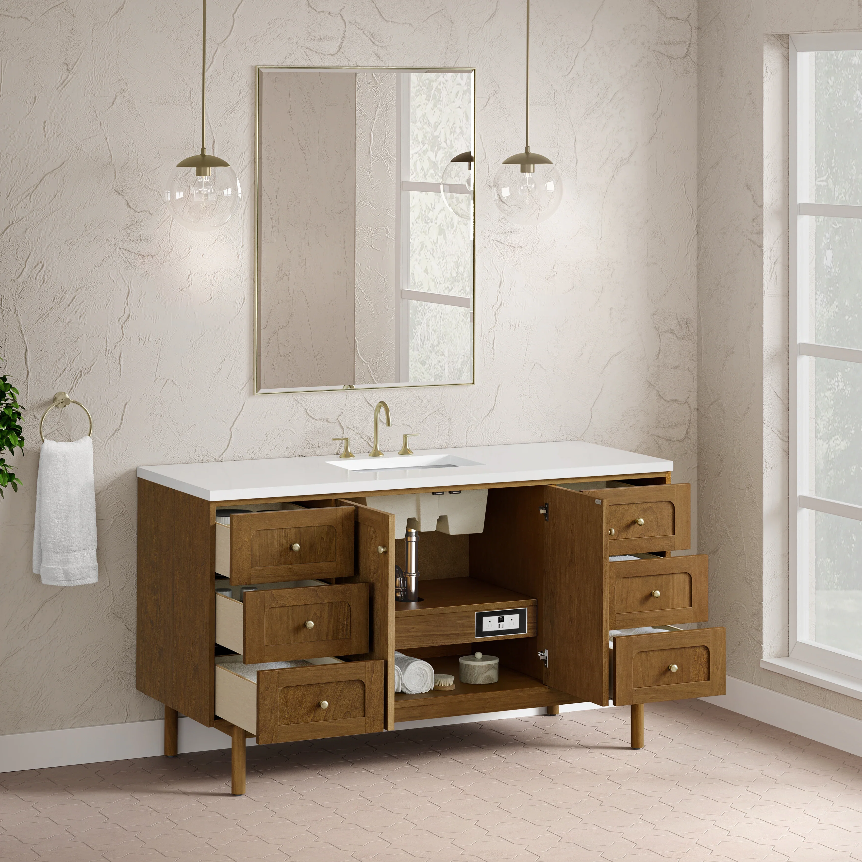 Laurent 60" Single Vanity, Honey Oak w/ 3 CM White Zeus Silestone Top