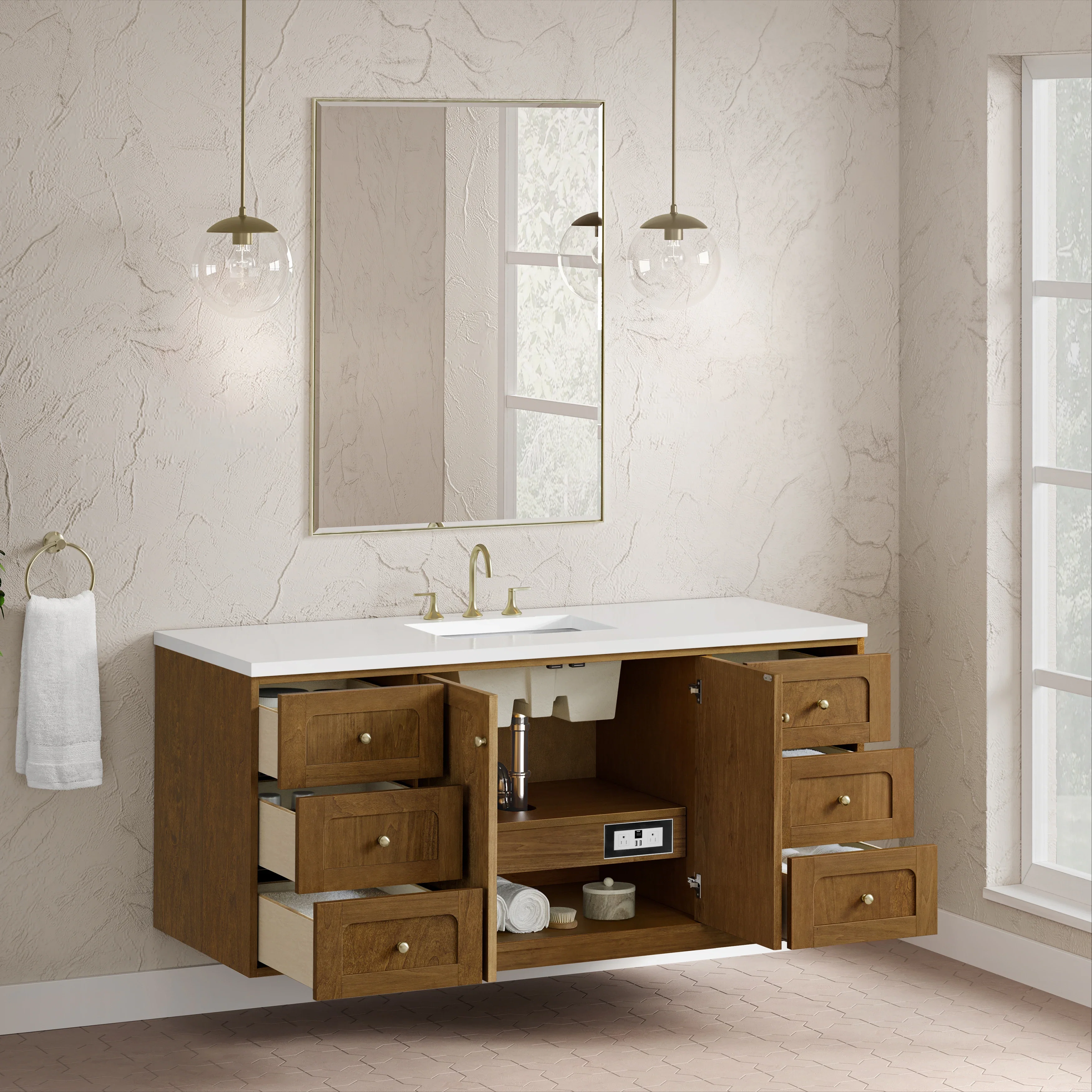 Laurent 60" Single Vanity, Honey Oak w/ 3 CM White Zeus Silestone Top